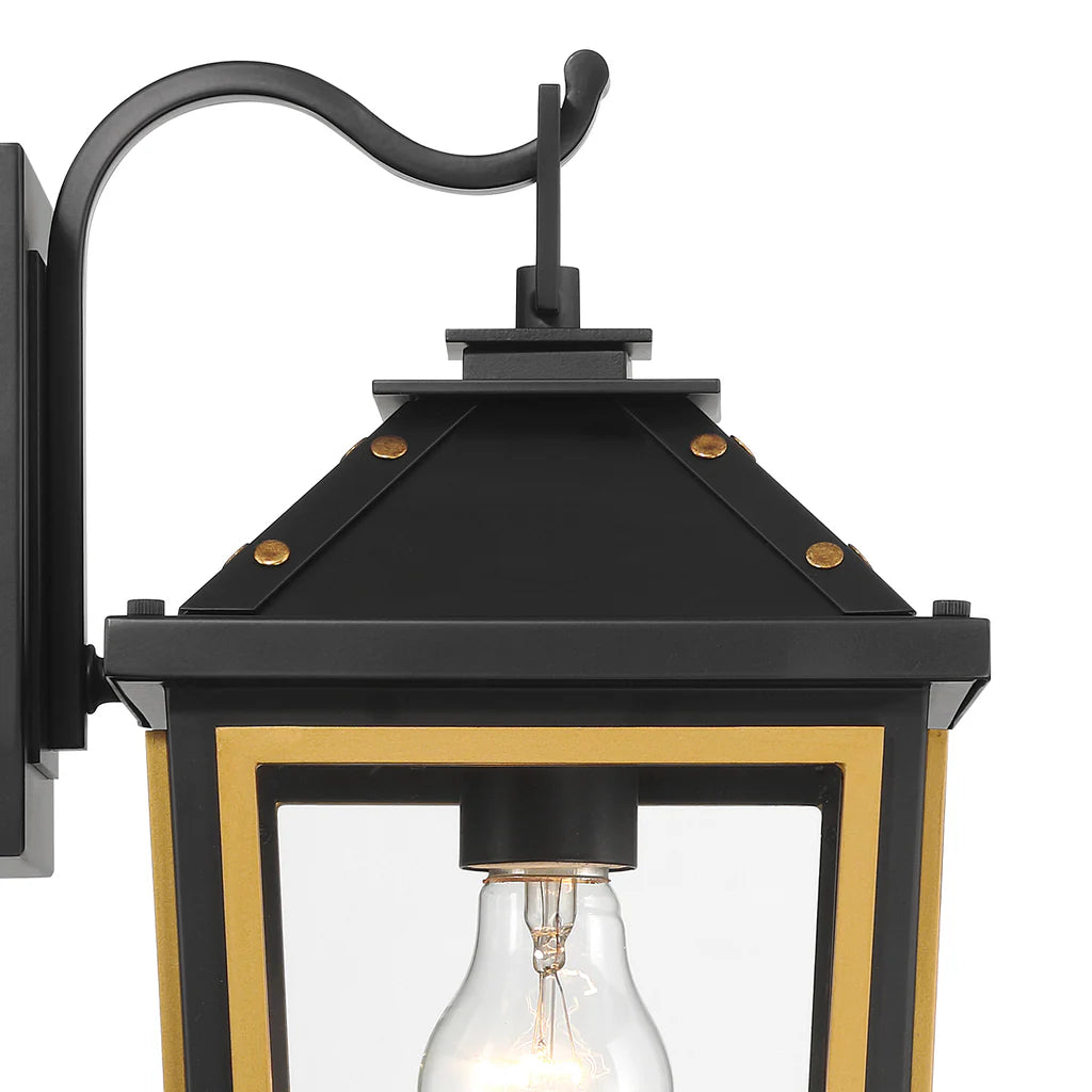 Hawkins Stainless Steel & Glass Outdoor Wall Sconce Light - 7.25x14 Inch Matte Black with Gold Finish - E26 LED Bulb Socket 120V - Weatherproof for Patio, Garden, Porch, Exterior Walls & Entryway Lighting