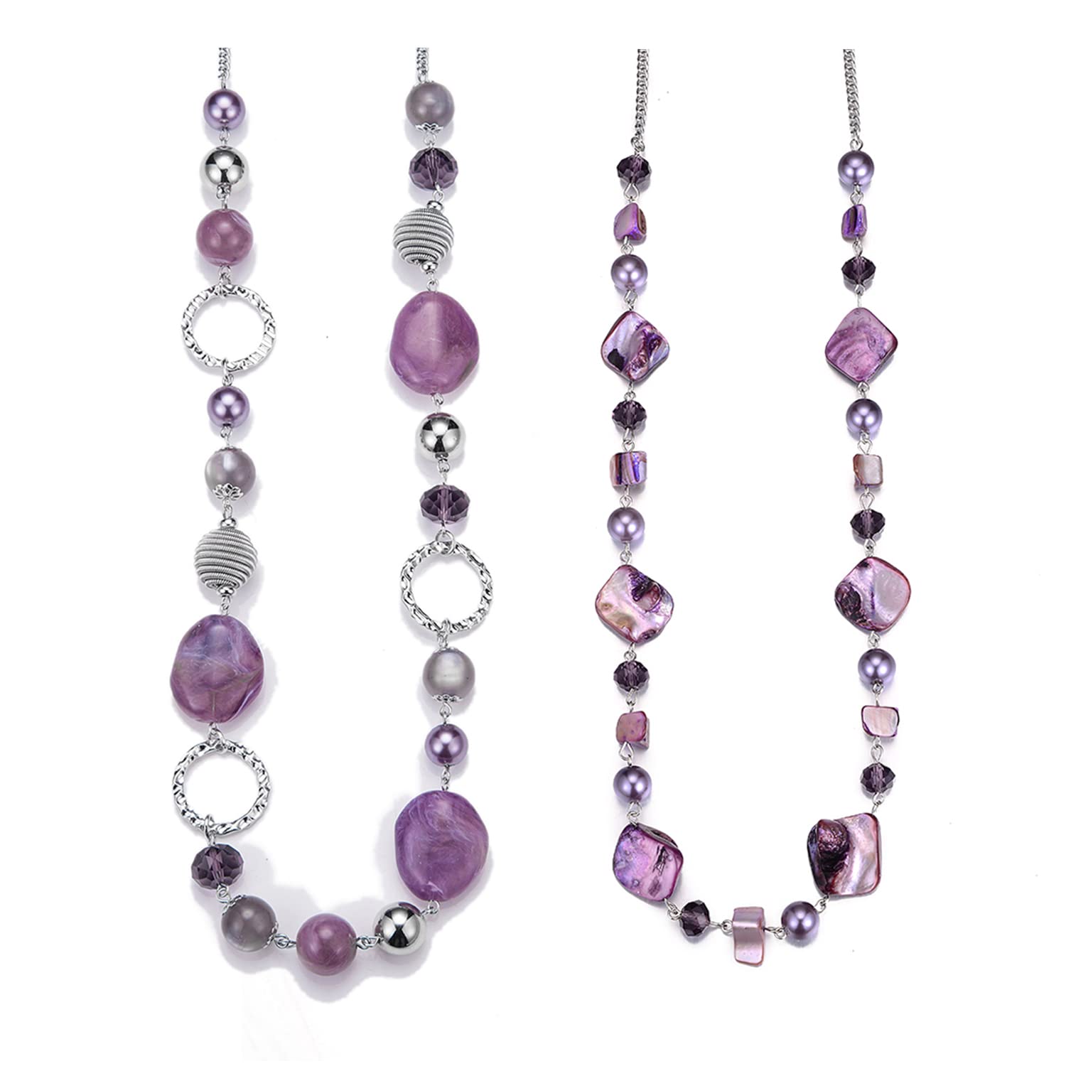 PEARL&CLUB Purple Beaded Long Shell Necklace Set for Women - Elegant Boho Beach Jewelry for Summer, Parties & Weddings