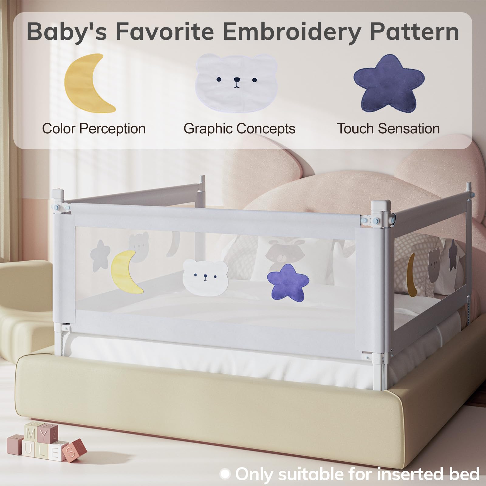 OMZER 3-Pack Toddler Bed Rails with Double Child Lock - Adjustable Height Safety Guardrail for Queen Size Beds (78.7x78.7x59