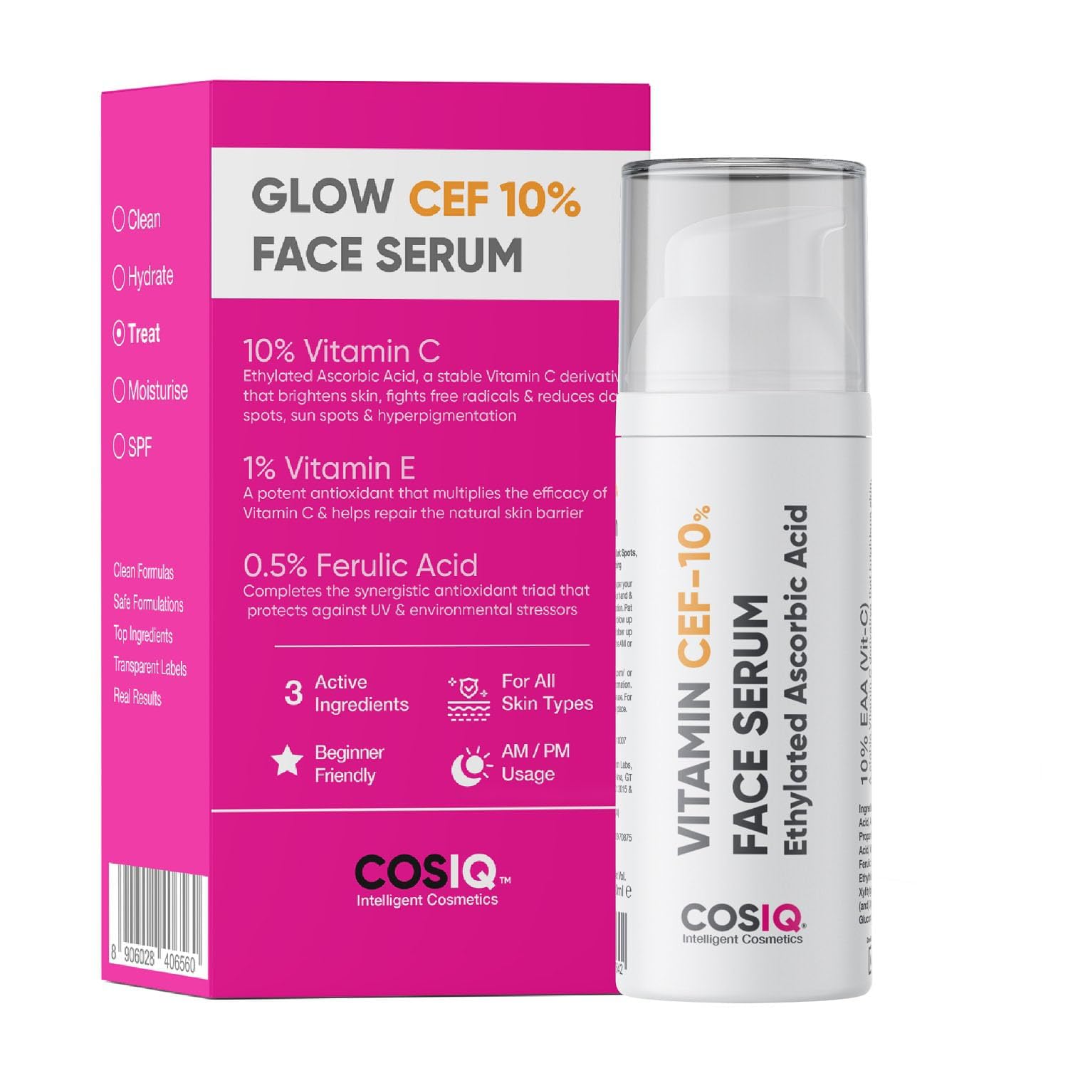 CosIQ 10% Vitamin C Face Serum with Vitamin E & Ferulic Acid - Brightening Serum for Glowing Skin, Reduces Wrinkles, Fine Lines & Dark Spots | Anti-Aging, Hydrating & Skin Protection | Perfect for Daily Skincare Routine & Nighttime Regimen | 30ml
