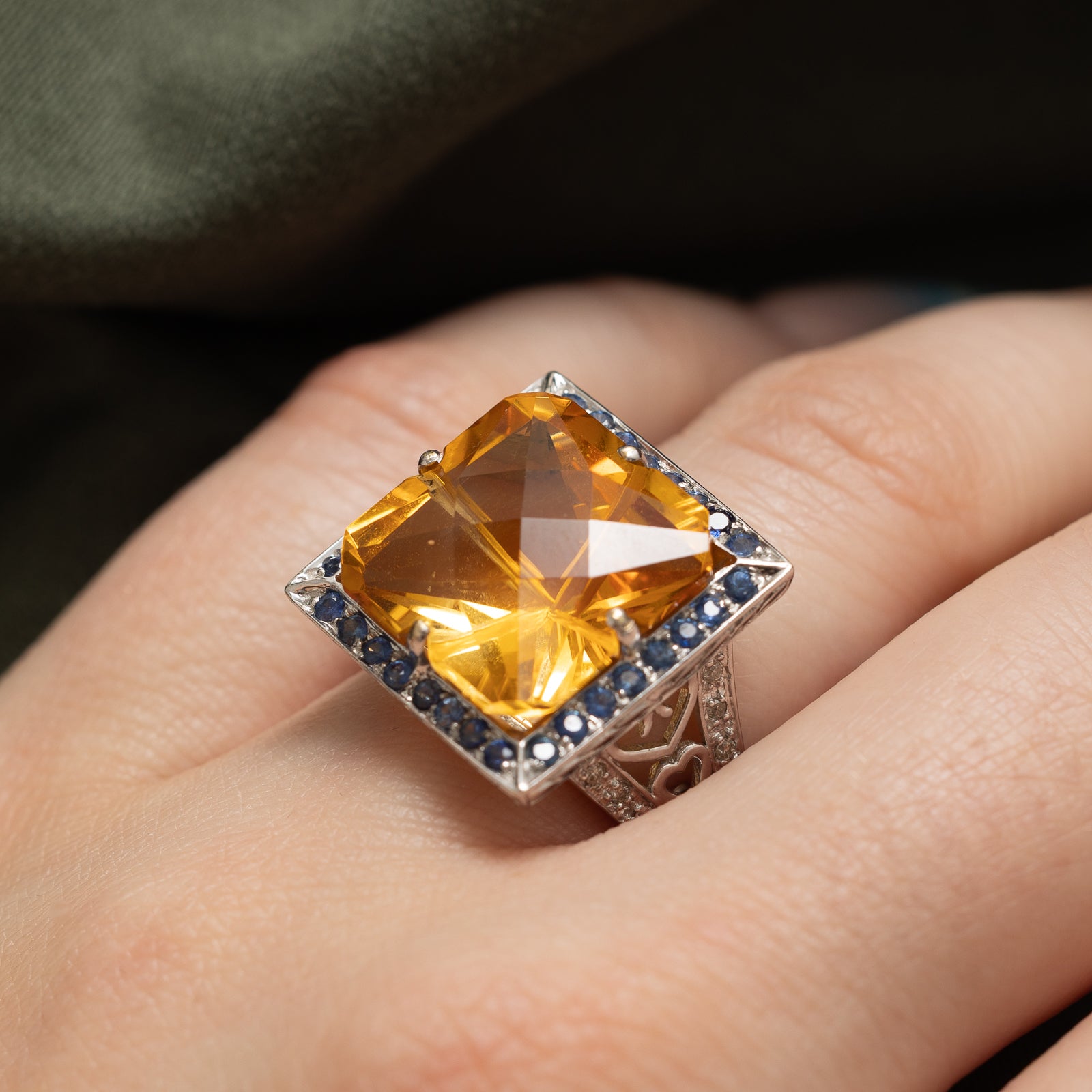 12.50ctw Citrine & Sapphire Diamond Cocktail Ring - 0.06ctw Diamonds | Size 5 | Elegant Evening Wear & Special Occasion Jewelry