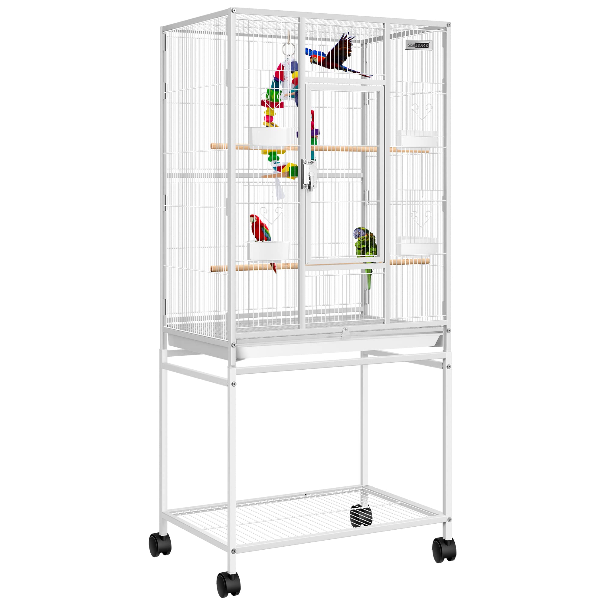 VIVOHOME 54 Inch Large Wrought Iron Bird Cage with Rolling Stand - Flight Cage for Parakeets, Canaries, Cockatiels, Lovebirds & Conures - Perfect for Home, Office or Outdoor Use (White)