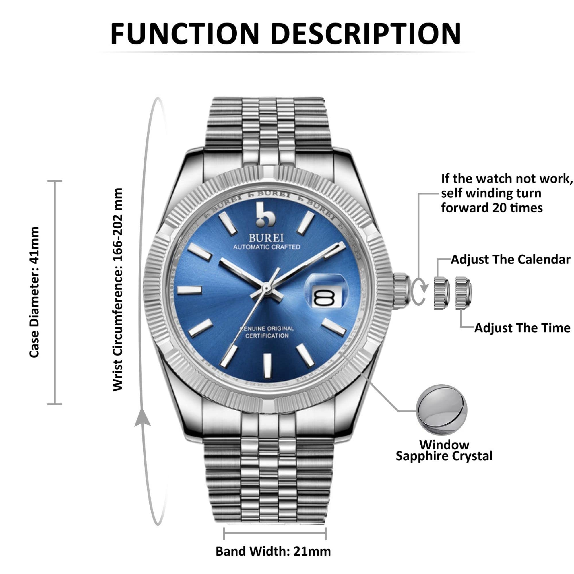 BUREI Men's Automatic Self-Winding Mechanical Watch - Luxury Business Stainless Steel Waterproof Wristwatch for Men - Perfect for Office, Formal Events & Everyday Wear