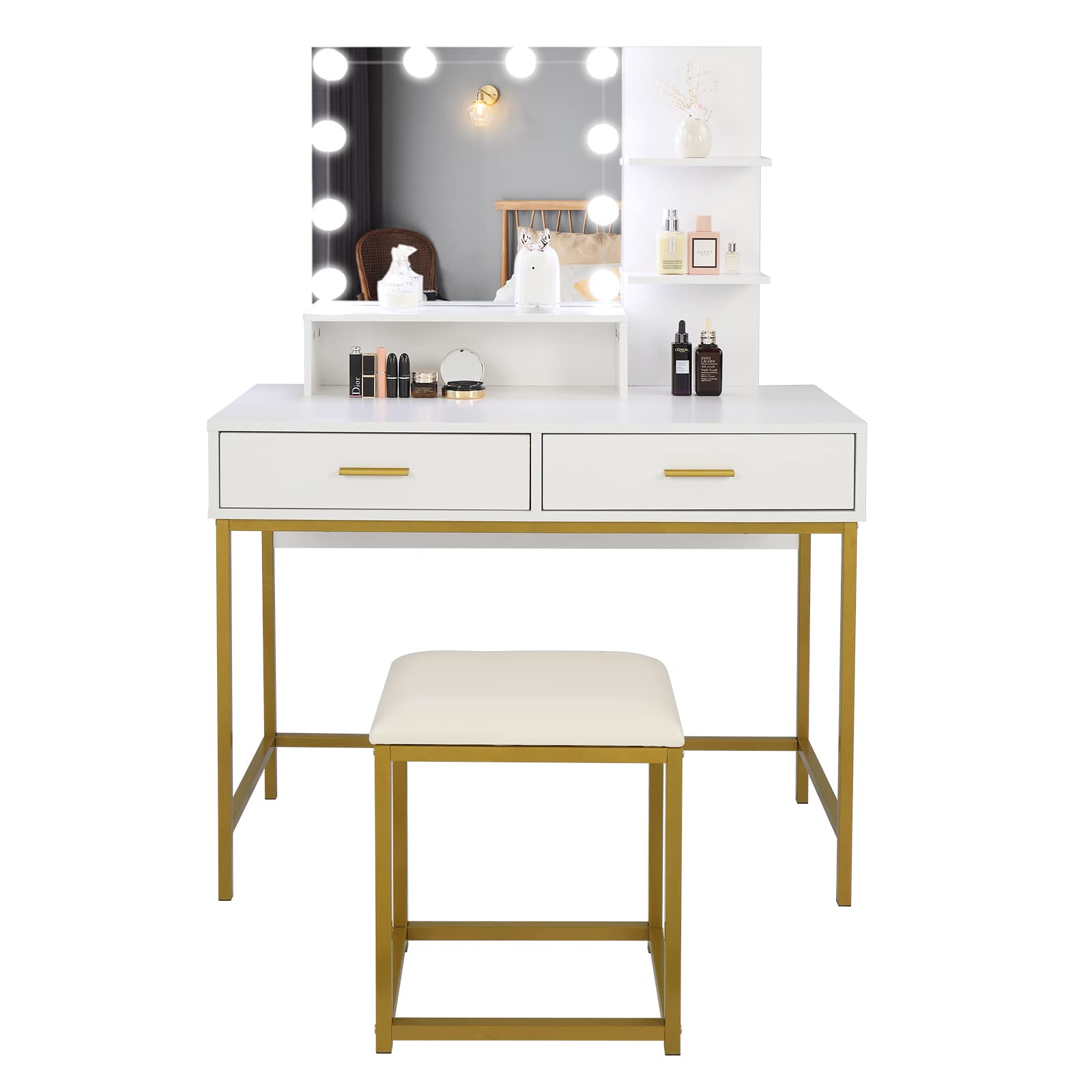 Large LED Vanity Set with 10 Bulbs & Cushioned Stool - 39.37