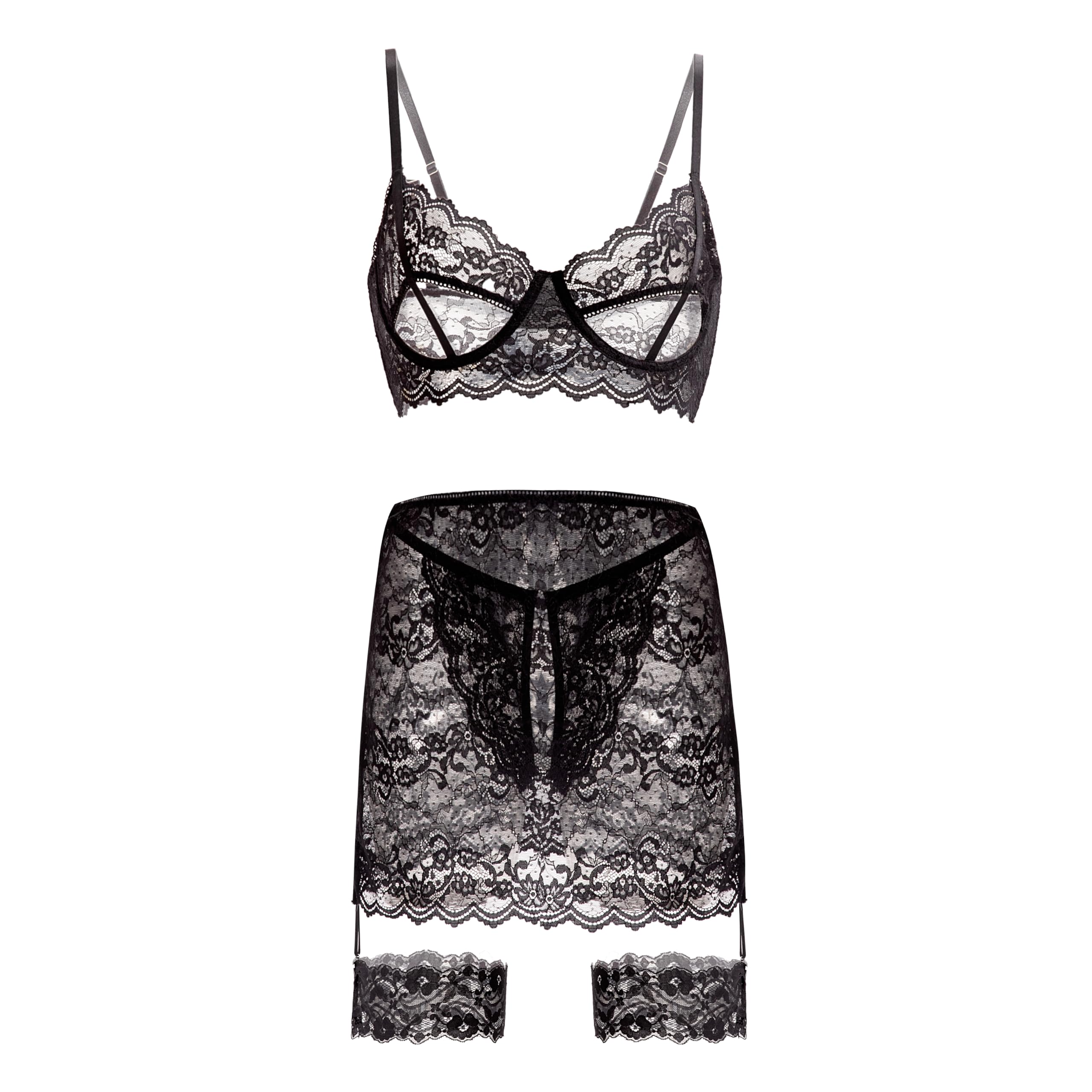Sexy 4-Piece Floral Lace Lingerie Set for Women - Bralette, Panty, Mini Skirt & Garter Belt - Sizes S-XXL - Perfect for Valentine's Day, Anniversary Gifts & Romantic Nights