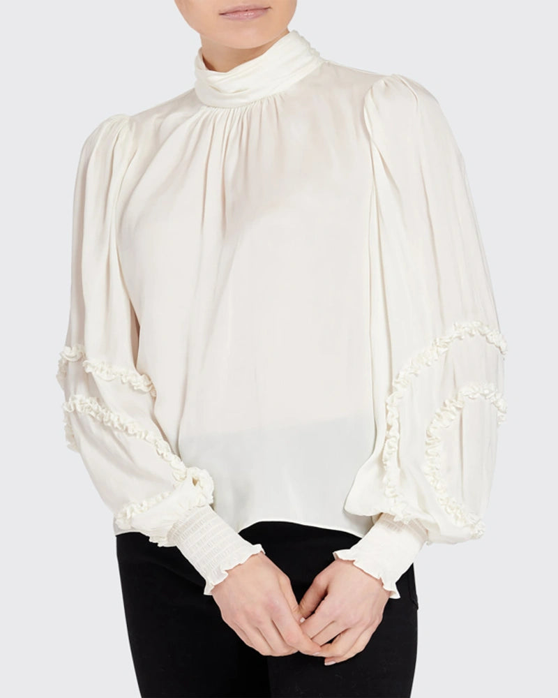 Carissa Mock Neck Blouse for Women - Elegant Cream Long Sleeve Tops - Perfect for Office Wear, Business Casual & Fall Outfits