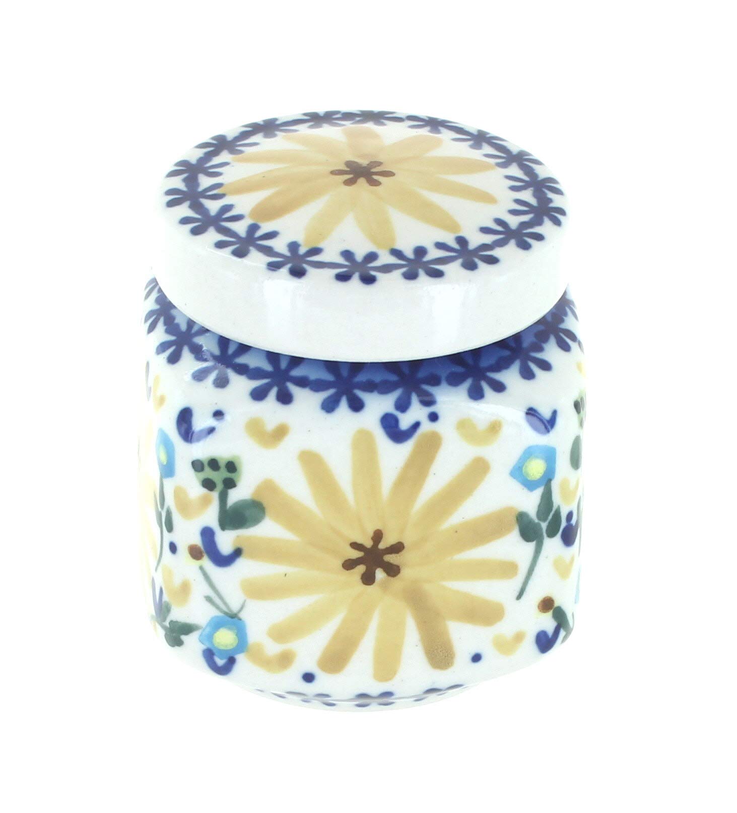 Handmade Blue Rose Polish Pottery Small Jar with Yellow Daisy Design - Perfect for Home Decor, Kitchen Storage & Gift Giving