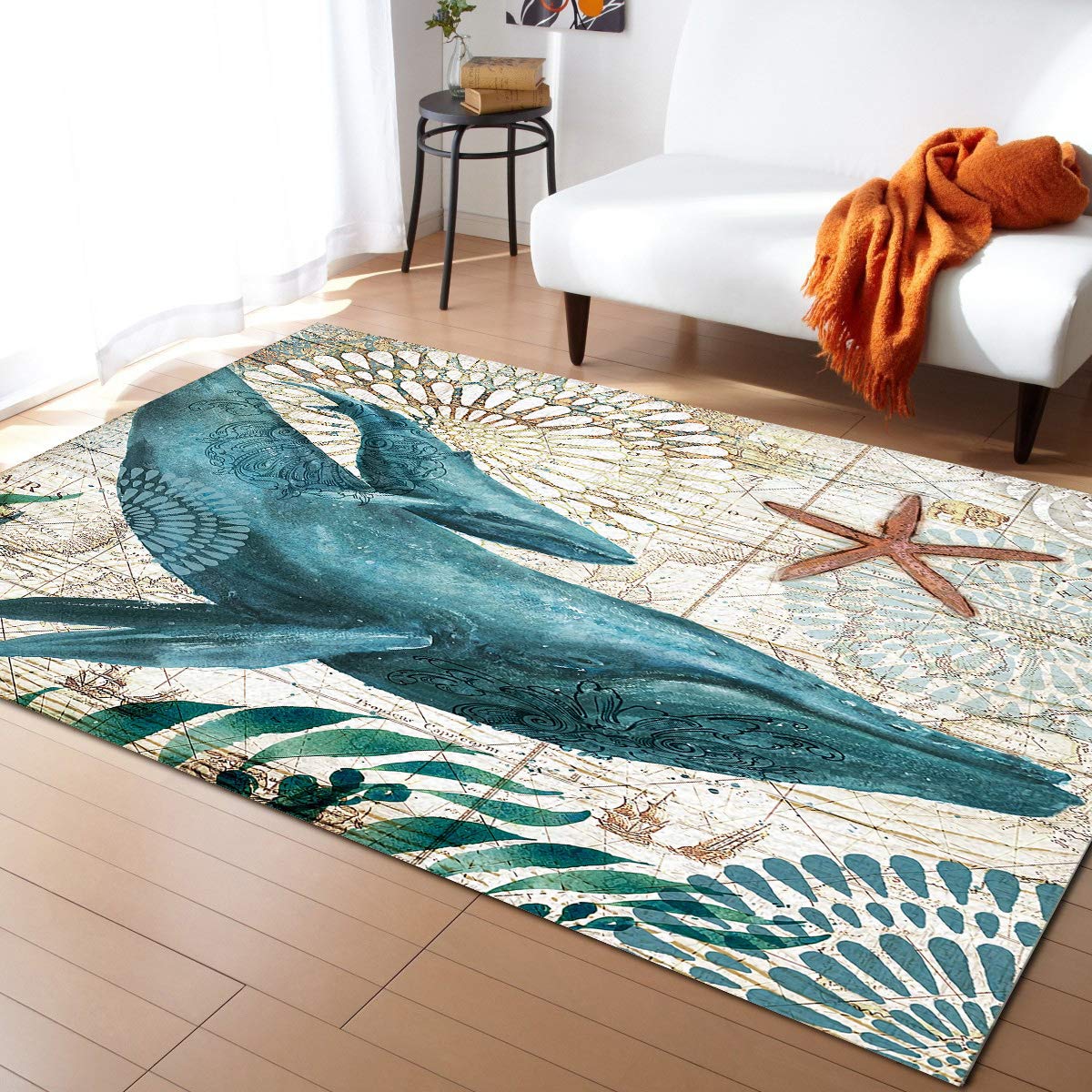 5x8ft Large Non-Slip Area Rugs - Watercolor Ocean Whale Design for Living Room, Bedroom, Hallway | Soft Indoor/Outdoor Carpet with Sea Animal Decor | Perfect for Nursery, Home Decor & High Traffic Areas
