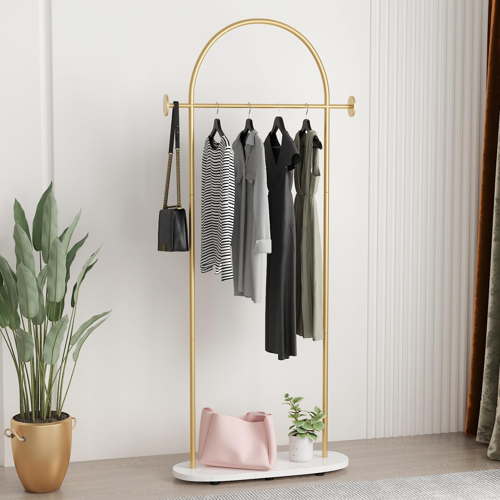 Stylish Gold Clothing Rack with Shelf - Heavy Duty Freestanding Coat Rack for Boutique, Office & Home - Modern Metal Garment Hanger Stand with Multiple Hooks - Perfect for Closet Organization, Retail Display & Bedroom Storage