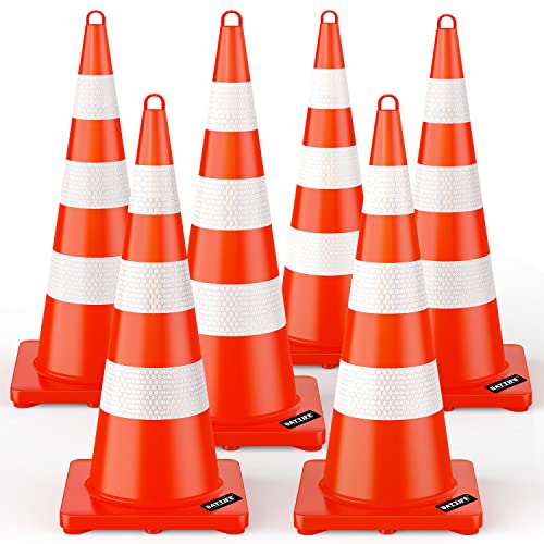 BATTIFE 36 Inch Orange Traffic Safety Cones with Reflective Collar & Handheld - 6 Pack for Parking Lots, Sports Training, Driving Practice, Road Safety & Construction Events - Durable Cones for Outdoor Use