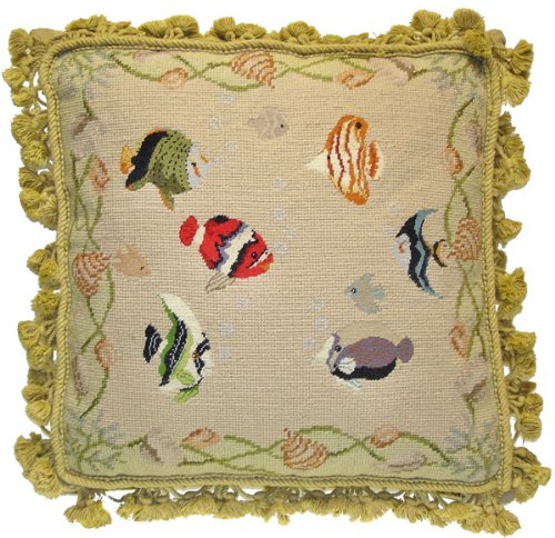Six Tropical Fish Needlepoint Pillow 18x18 Inch - Vibrant Home Decor for Living Room, Bedroom & Coastal Themed Spaces