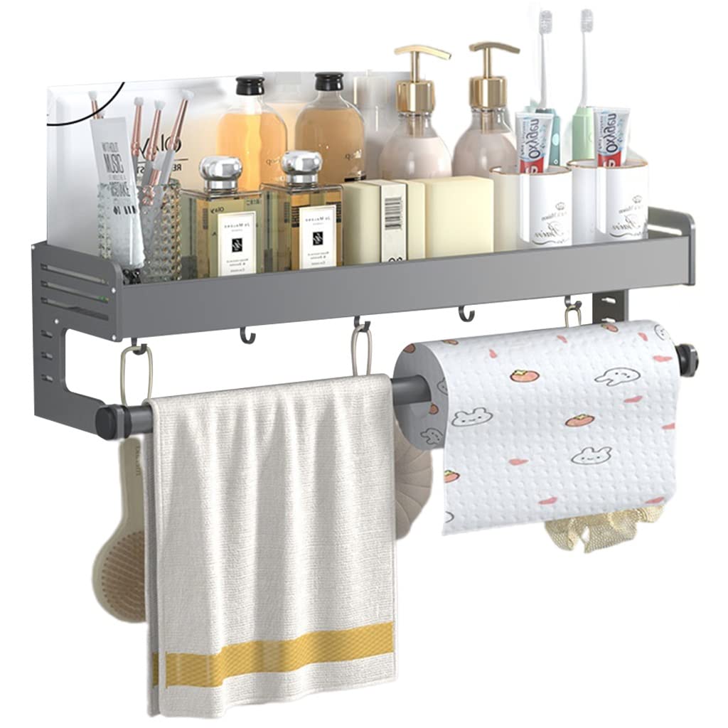 Rustproof Aluminum Alloy Bathroom Shelf Organizer - 60cm Shower Caddy with Hooks & Towel Rack for Toiletries & Cosmetics | Space-Saving Bath Storage for Small Bathrooms & Apartment Showers (Gray)