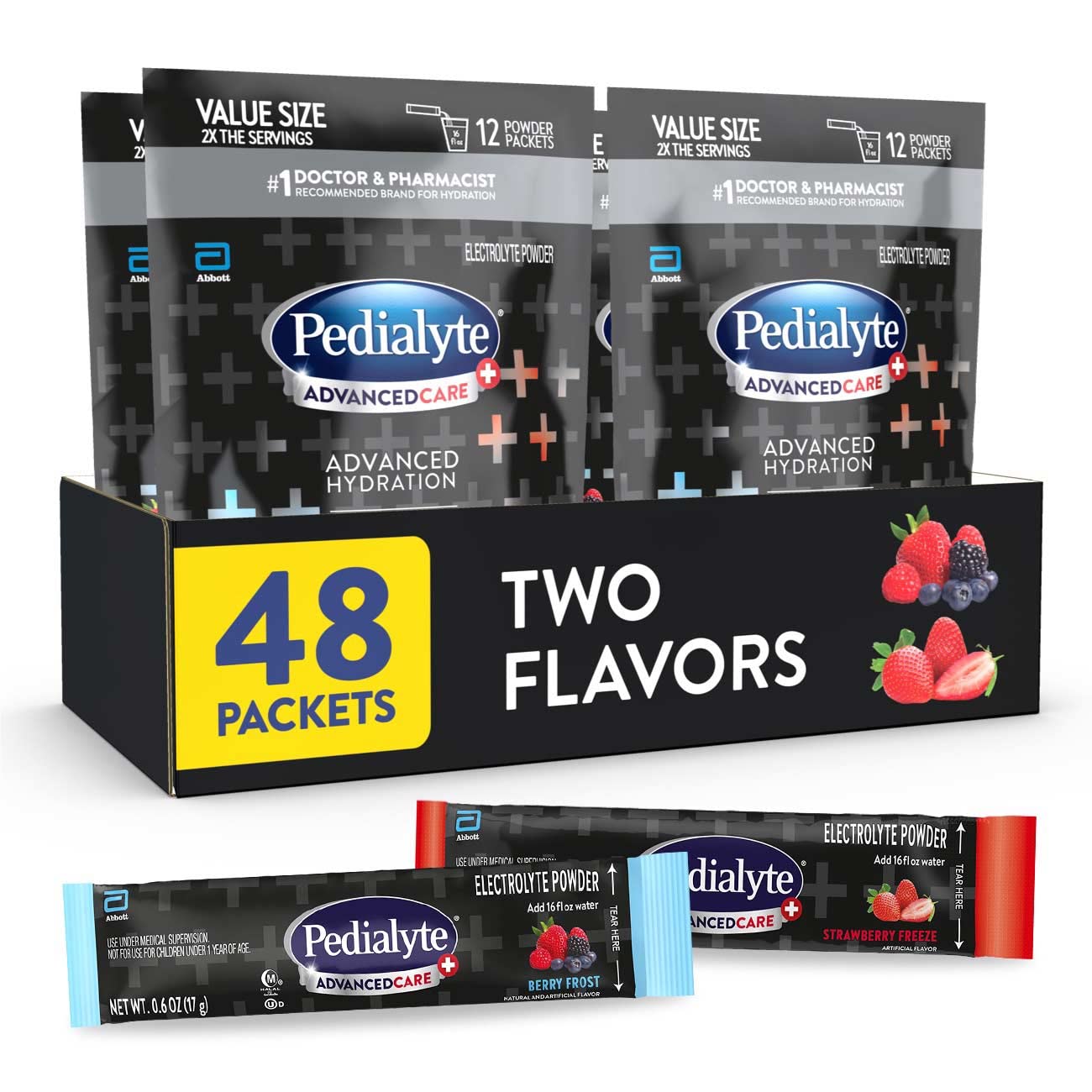 Pedialyte AdvancedCare Plus Electrolyte Powder Packets - Strawberry Freeze & Berry Frost Flavors - 48 Count (0.6 Oz Each) with 33% More Electrolytes & PreActiv Prebiotics - Ideal for Hydration, Sports Recovery & Travel