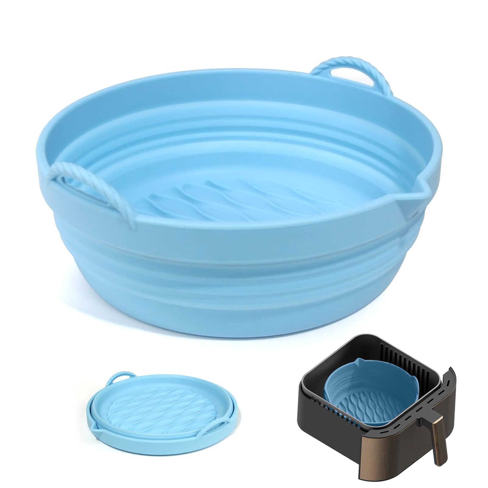 MEYOGO 7.5 Inch Air Fryer Silicone Liners - Upgraded Foldable Non-Stick Basket for 3-5 QT Air Fryers (Blue) | Reusable & Easy Clean | Perfect for Cooking French Fries, Chicken Wings & Vegetables