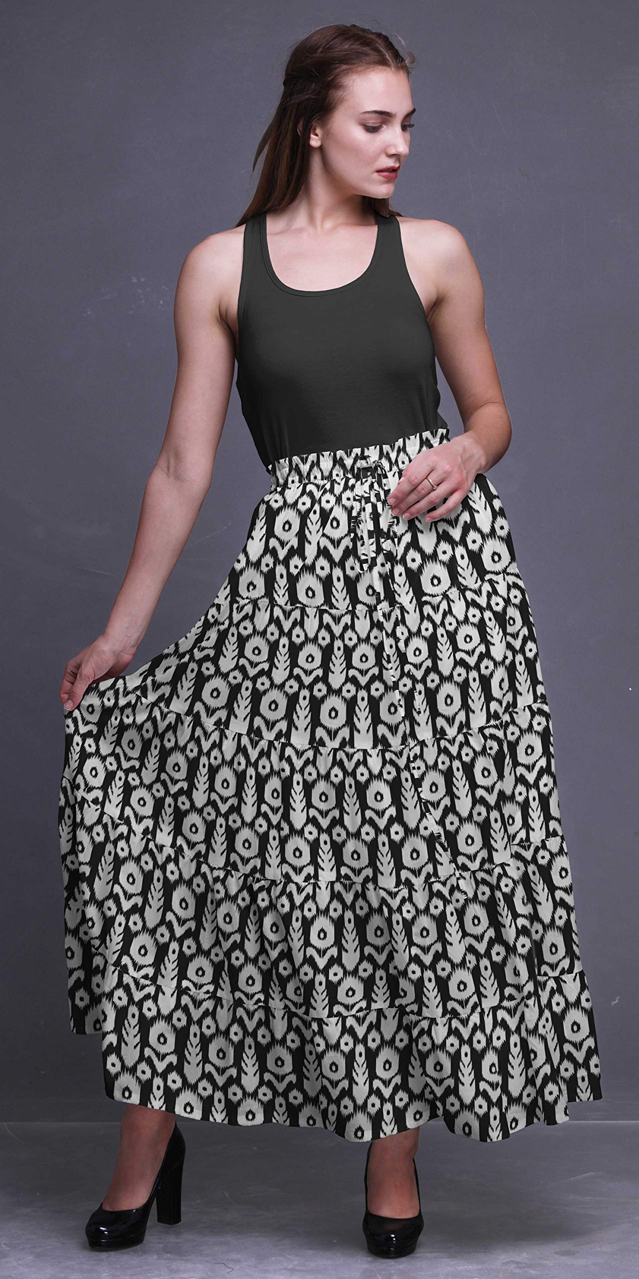 Boho Printed Long 5-Tier Cotton Skirt for Women - Flowy Maxi Skirt with Elastic Waistband for Summer, Beach, Music Festivals & Casual Outings