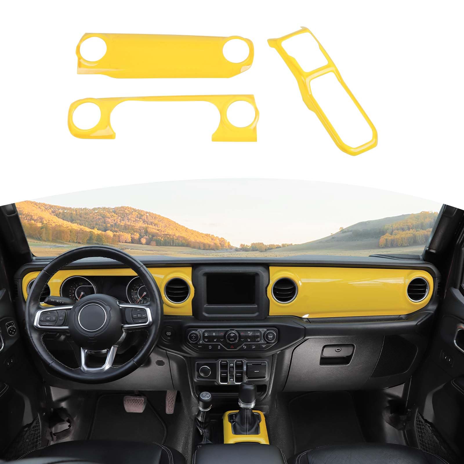 Jeep Wrangler JL JLU & Gladiator JT Dashboard Cover Gear Shift Panel Trim - Yellow Interior Accessories (3pcs) | Fits 2018-2023 Models | Off-Road & Daily Driving Protection