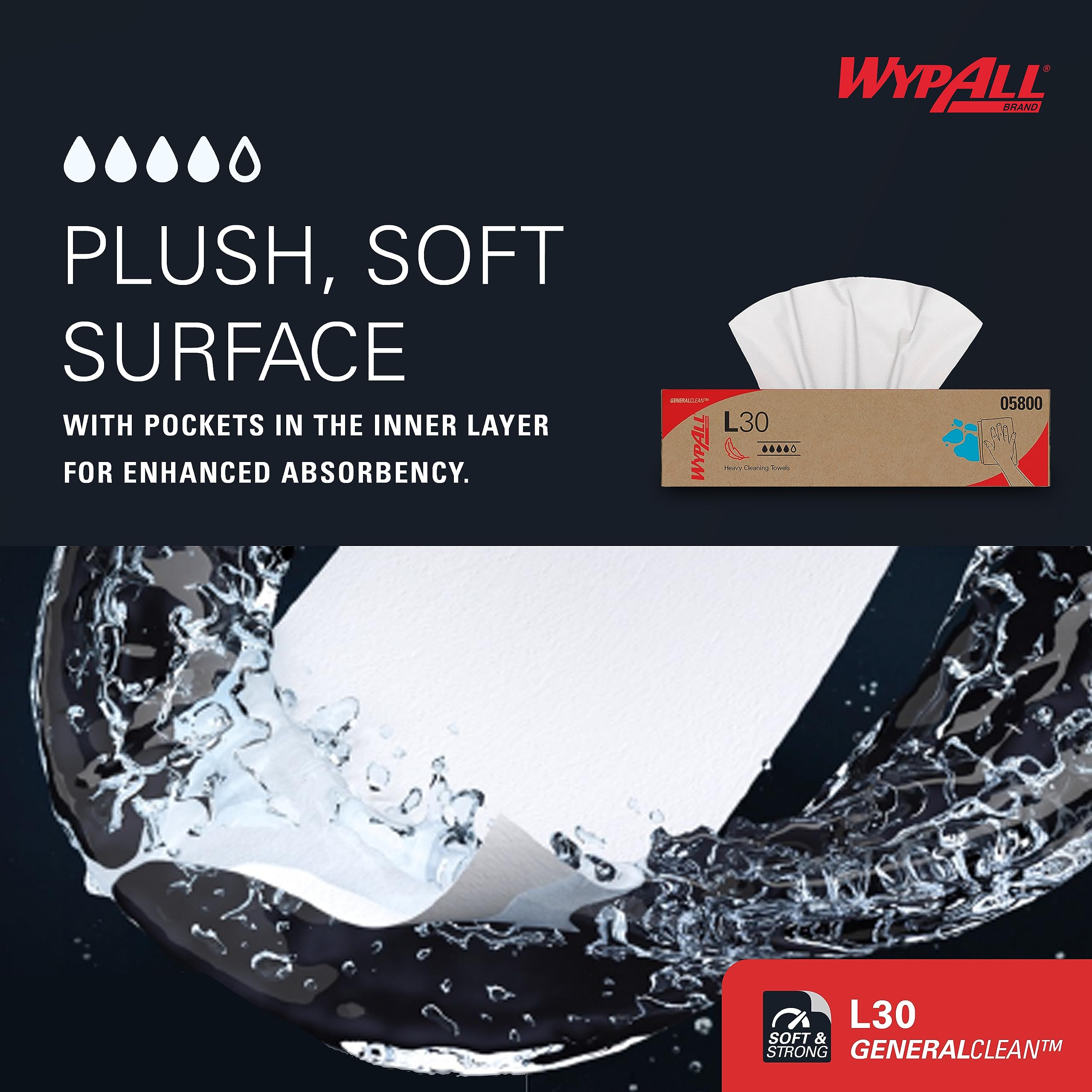 WypAll GeneralClean L30 Heavy Duty Cleaning Wipes (05800) - 8 Packs of 100 Sheets (800 Total) | Strong & Soft White Towels in Pop-Up Box | Ideal for Industrial, Garage & Workshop Cleaning