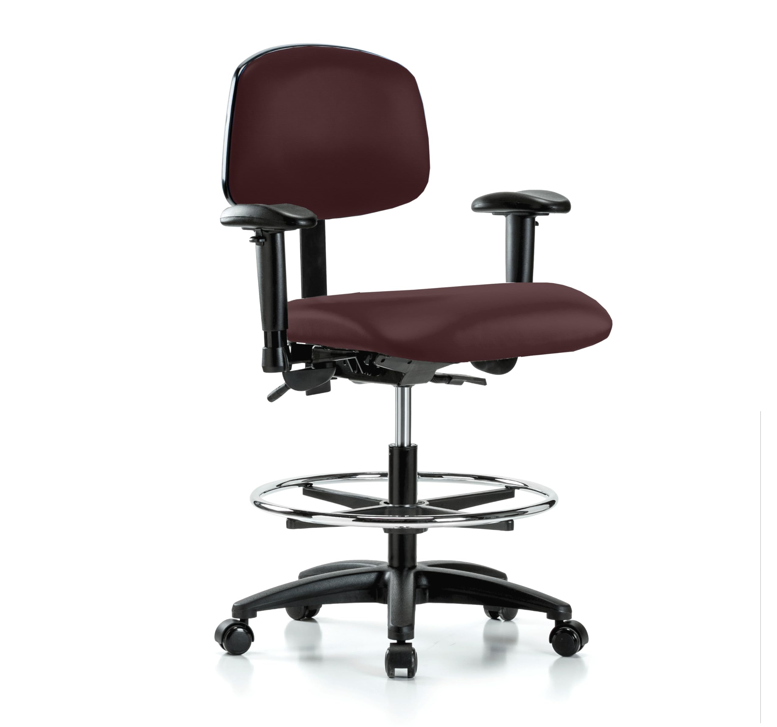 Perch Rolling Multi-Task Swivel Chair with Foot Ring - Adjustable Workbench Height for Hardwood & Tile Floors - Burgundy Fabric Office Chair for Workstations, Laboratories & Home Offices