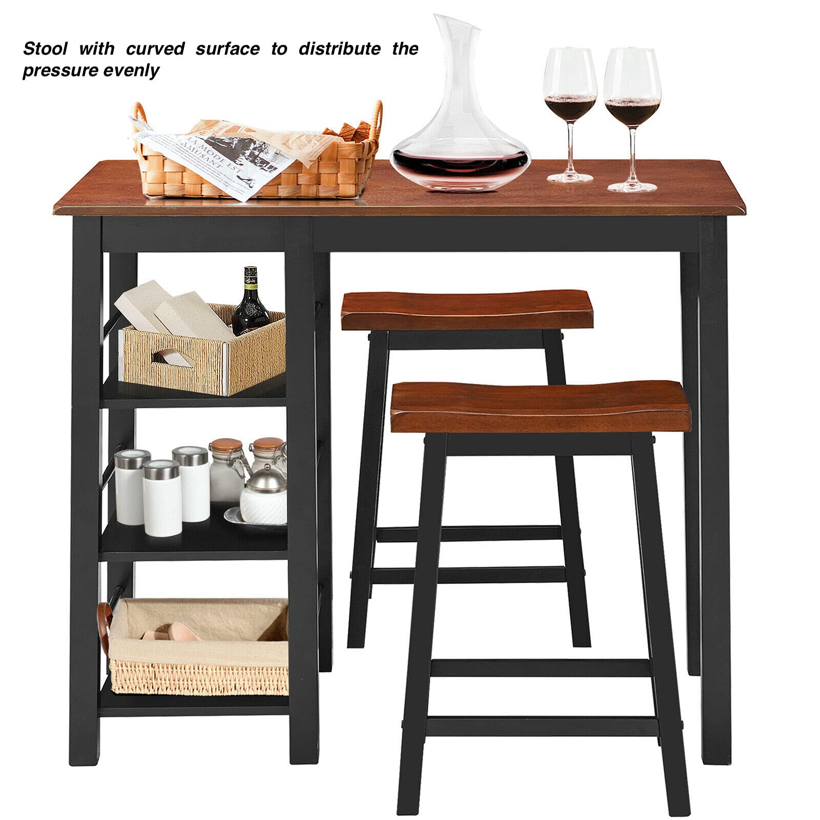 3-Piece Counter Height Dining Table Set with 2 Stools & 3-Tier Storage Shelf - Perfect for Kitchen, Dining Room, Bar or Café - Organize Wine Glasses, Dinnerware, Magazines, Snacks & Potted Plants
