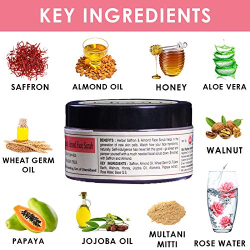 Khadi Rishikesh Herbal Saffron Almond Face Scrub - Natural Tan Removal & Blackhead Whitehead Cleanser | Brightening & Exfoliating Scrub for Fair Complexion | Paraben-Free, 50GM for Women & Men | Includes Free Hair Rubber Band | Perfect for Daily Skincare & Spa Treatments