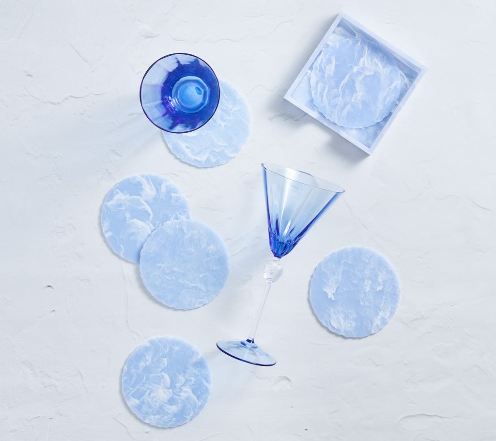 Periwinkle Cloud Coasters Set of 6 with Caddy Holder - Absorbent Drink Coasters for Coffee, Tea & Beverages - Perfect for Home, Office or Party Use