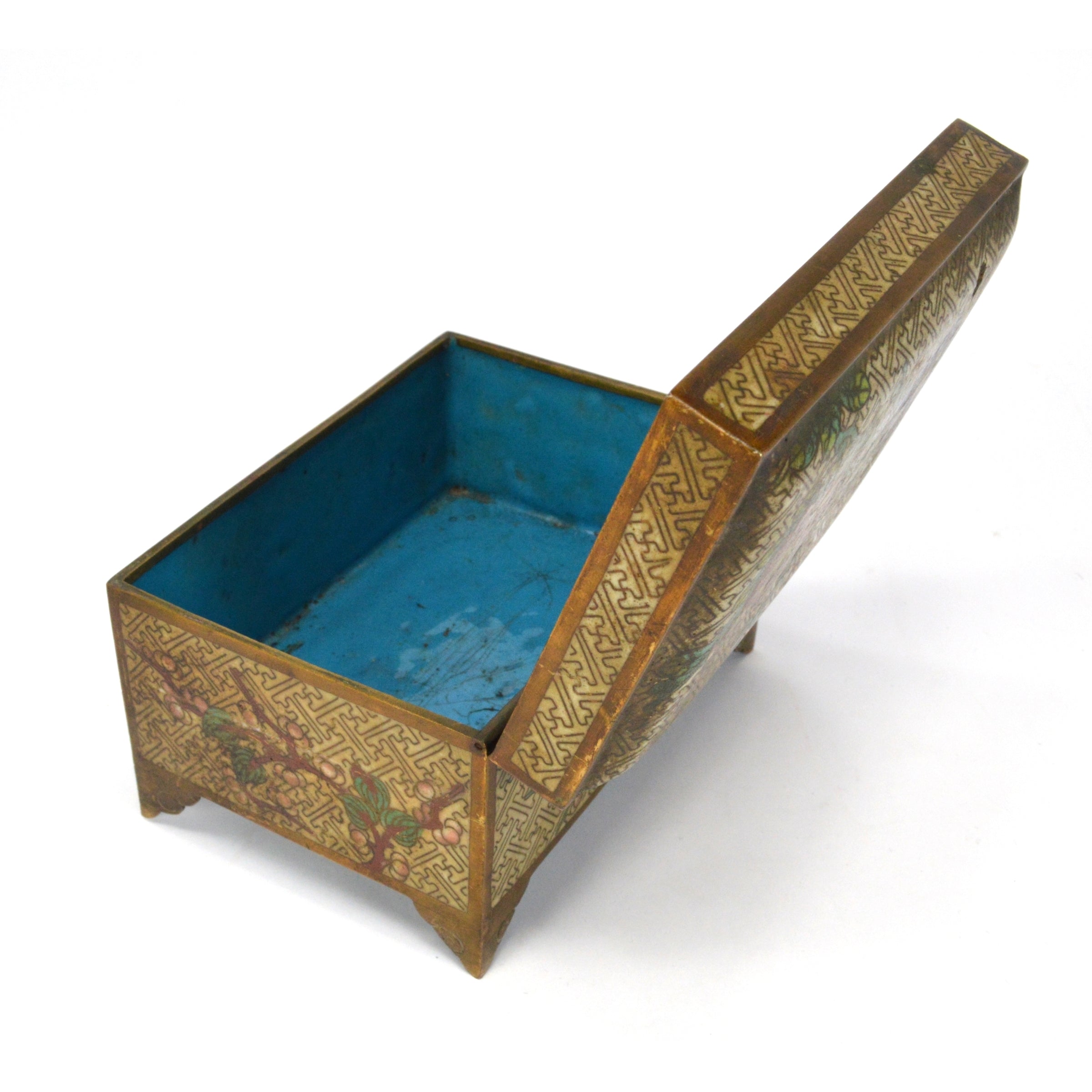 Antique Cloisonne Hinged Jewelry Box with Floral Design - 3x5x3 Inches - Brass/Bronze Footed Trinket Box for Home Decor, Gift, or Storage | Perfect for Jewelry, Keepsakes, and Collectibles