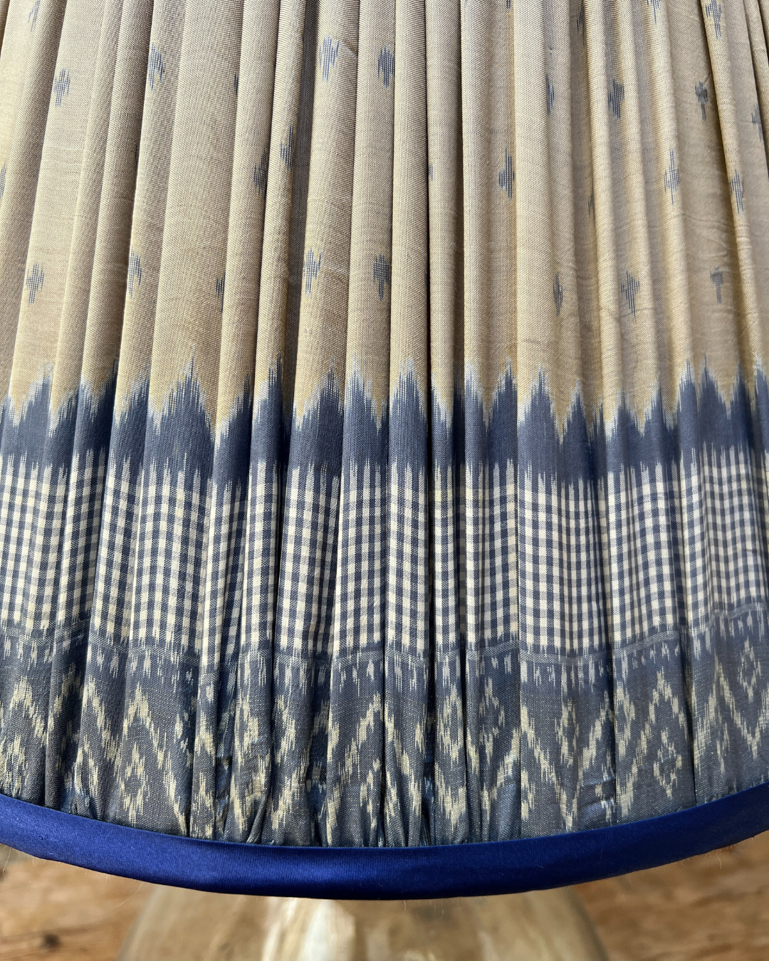 51cm Blue and Taupe Gingham Silk Sari Lampshade - Elegant Home Decor for Living Room, Bedroom & Boho Style Interior Design