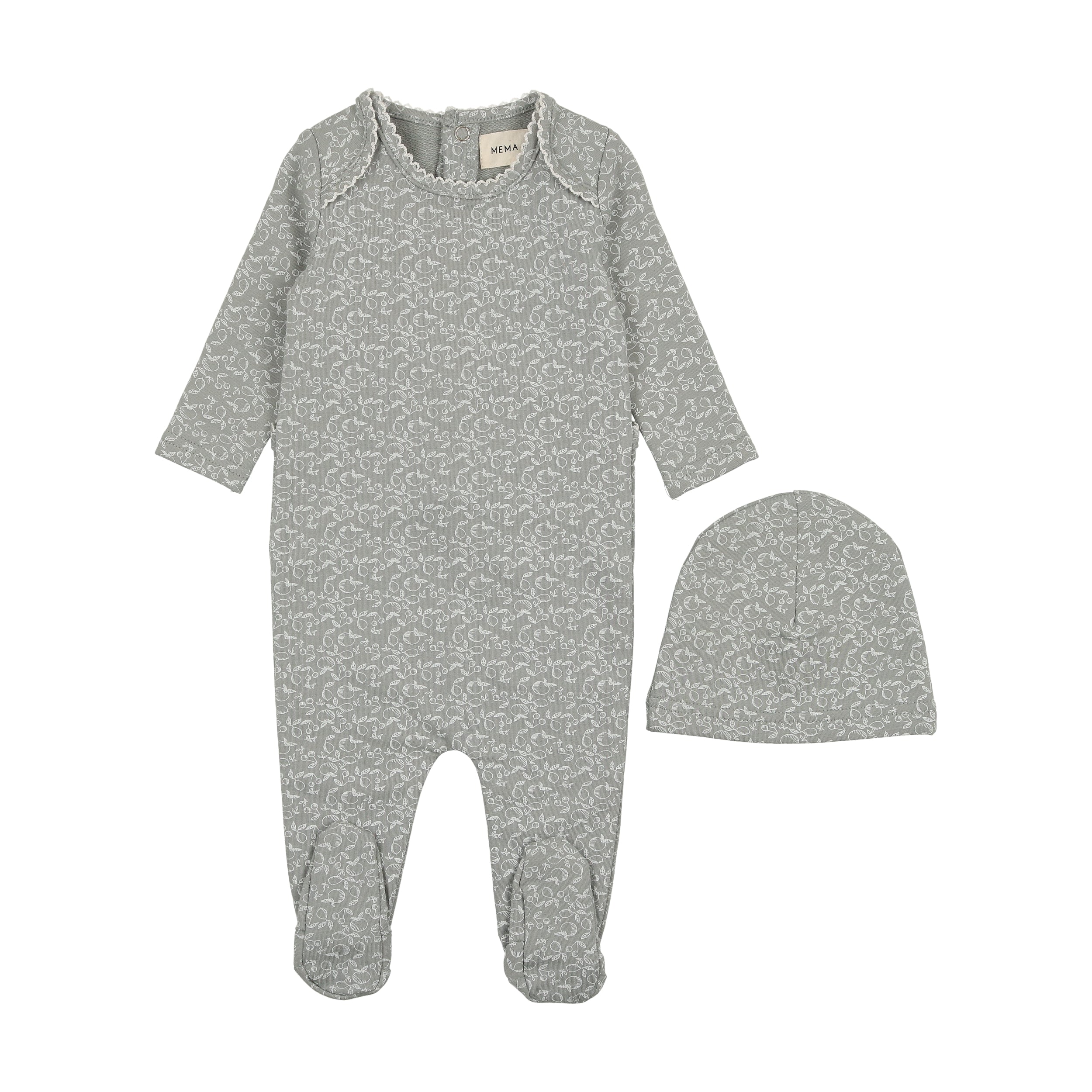 Adorable Baby Fruit Print Powder Blue Footie Pajama Set with Matching Hat by Mema Knits - Soft Cotton Sleepwear for Newborns & Infants - Perfect for Nursery Photos, Baby Showers & Cozy Bedtime