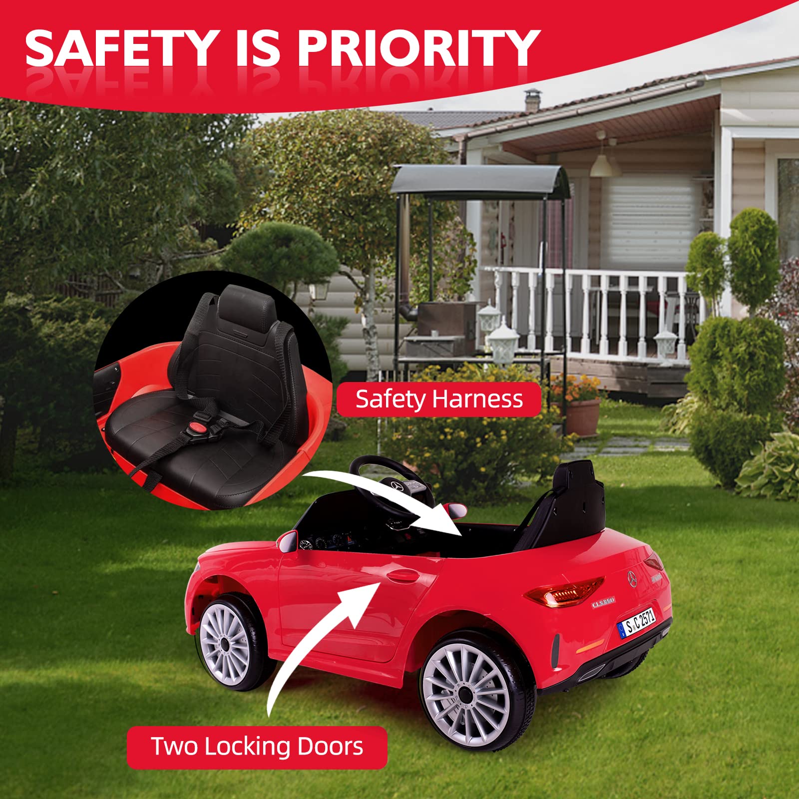 12V Licensed Mercedes Benz Kids Electric Ride-On Car with Remote Control - Adjustable Speed, Safety Belt, Music & LED Lights (Red) - Perfect Birthday Gift & Outdoor Play Toy for Boys & Girls Ages 3-8