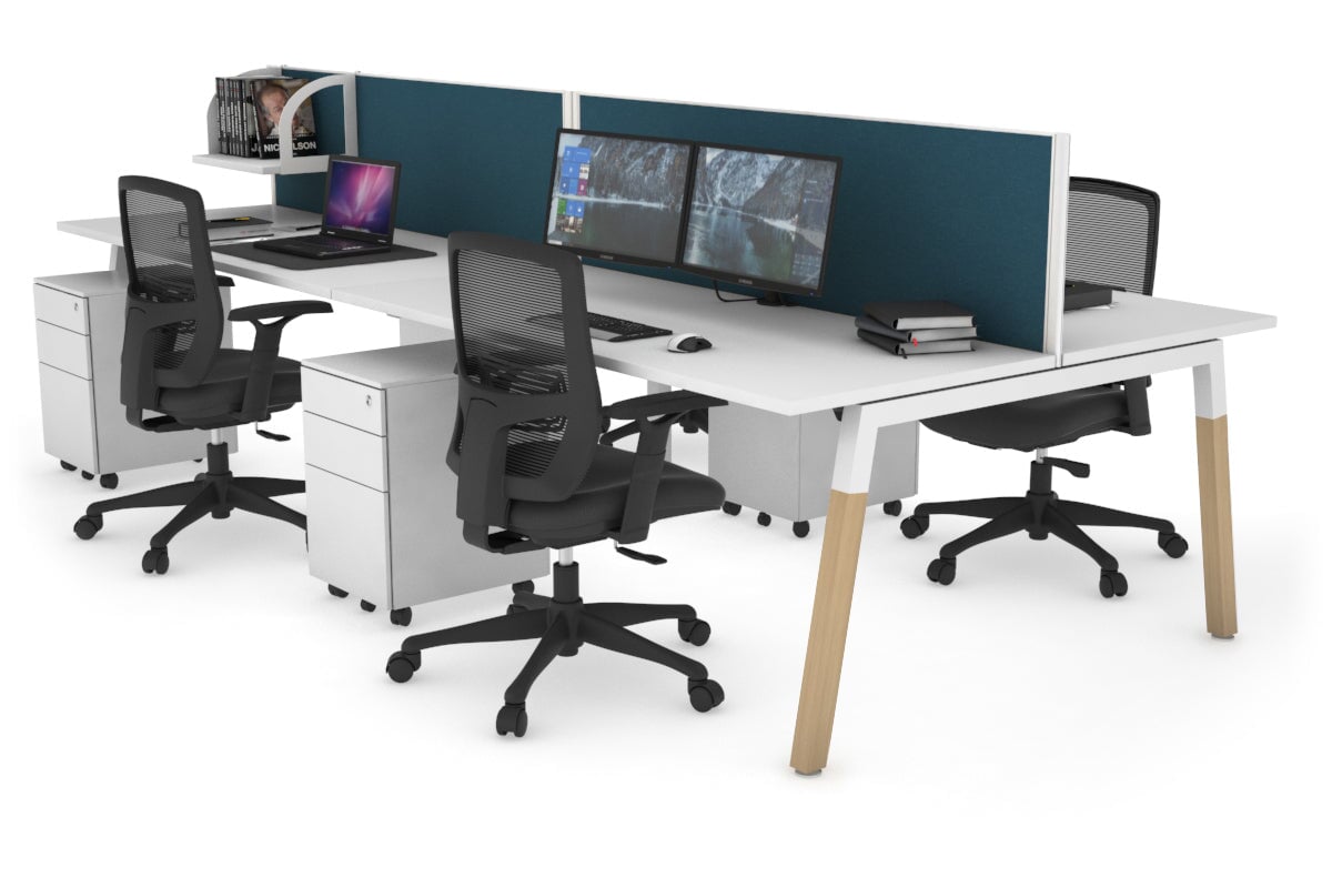 Quadro A Legs 4-Person Office Workstation with Wooden Legs & Cross Beam [1400L x 700W] - Perfect for Collaborative Workspaces & Home Offices