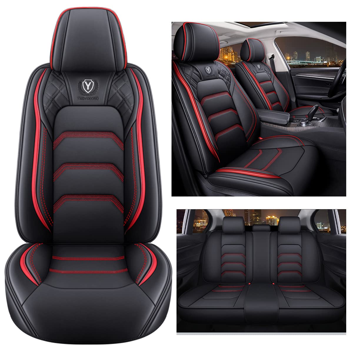 Premium Universal Leather Car Seat Covers Full Set (5 Seats) - Black & Red - Comfortable & Durable for SUVs, Sedans & Trucks - Perfect for Road Trips, Commuting & Family Protection