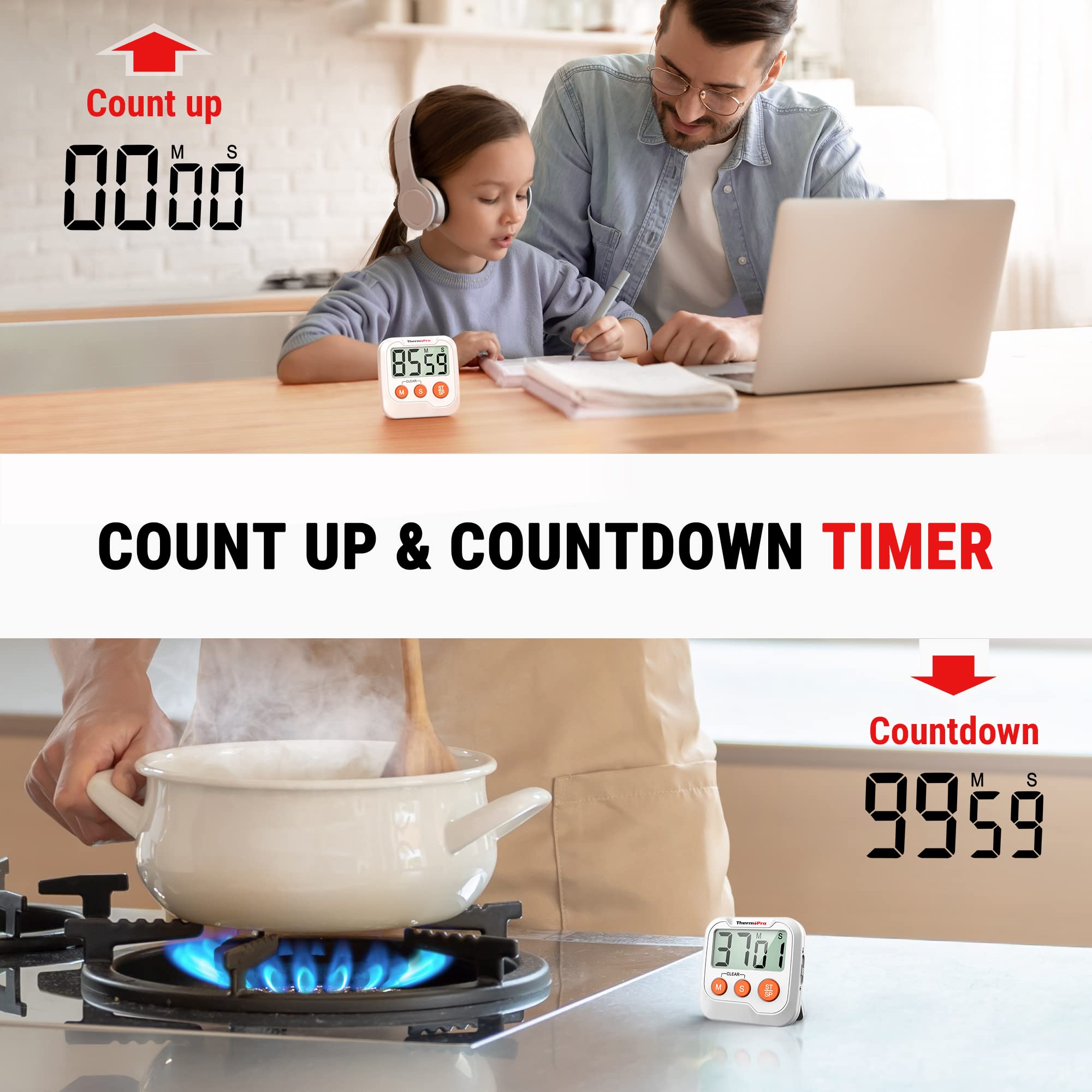 ThermoPro TM03 Digital Kitchen Timer with 2-Level Alarm - Countdown & Stopwatch for Cooking, Baking, Exercise, Classroom, Playtime - Perfect for Teachers, Kids & Home Use