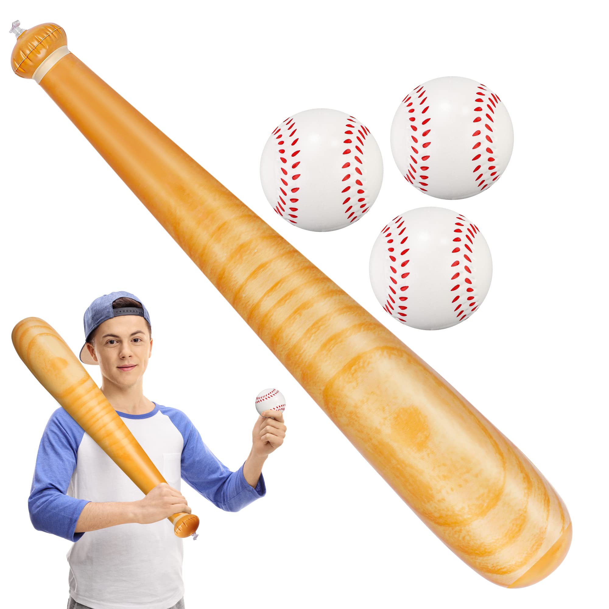**DURONY 4-Piece Inflatable Baseball Set - 3 Soft PU Foam Baseballs (2.5 Inch) & 1 Lightweight 29.5 Inch Bat - Perfect for Pool, Beach, Backyard Sports, Birthday Parties & Outdoor Games**