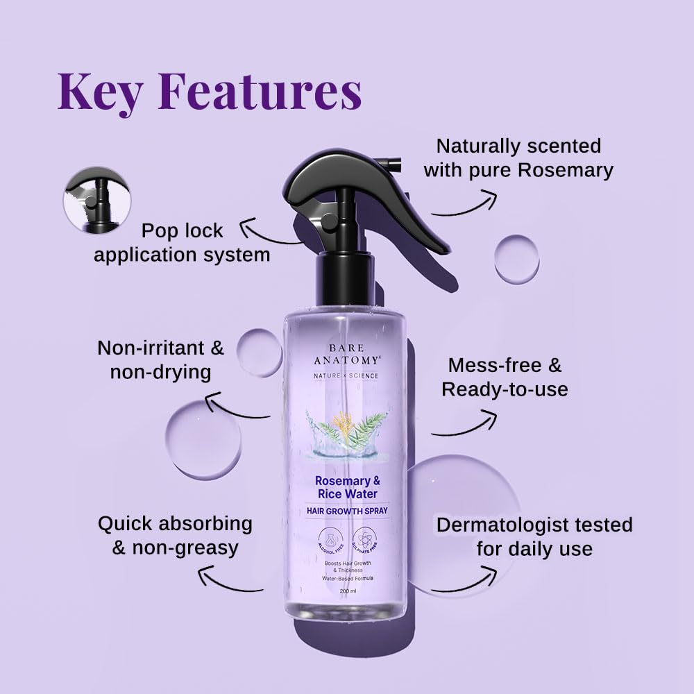 Bare Anatomy Rosemary Water Spray for Hair Growth & Thickness with Rice Water | 100% Natural Extract for Soft, Smooth Hair | Controls Hair Fall | Non-Greasy & Fast Absorbing | 200ml | Perfect for Daily Hair Care & Scalp Hydration