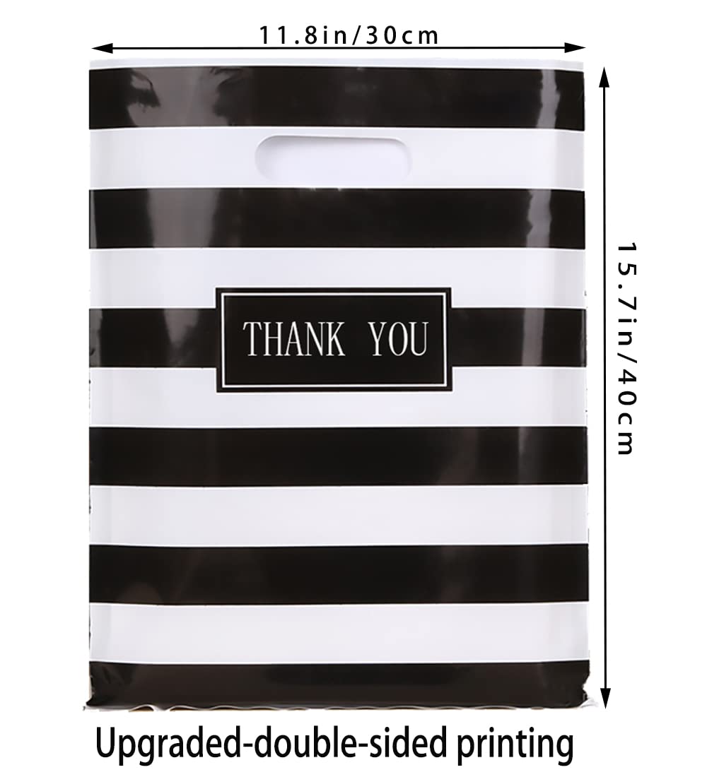 Daarcin 100pcs 12x16in Black and White Striped Plastic Shopping Bags with Handles - Reusable Retail Merchandise Bags for Boutique, Party Favors, Goodie Bags, Clothing Stores & Business Use | Perfect for Gift Packaging, Retail Shopping & Event Giveaways