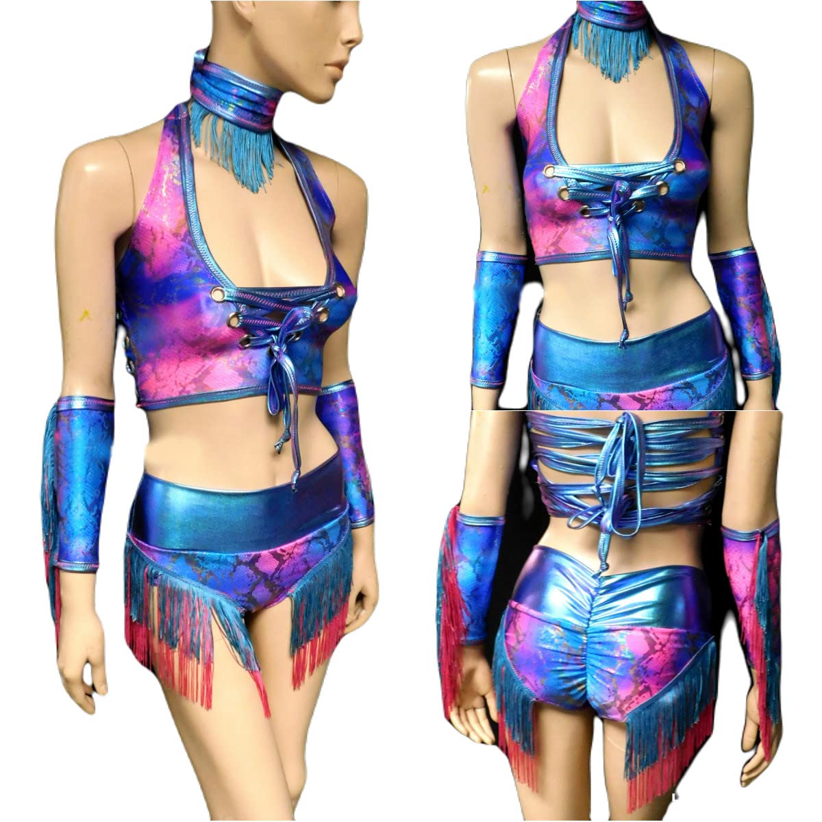 Blue & Pink Holographic Fringe Snake Print Cowgirl Outfit - Halter Top & High Waist Scrunchie Shorts Set for Music Festivals, Rodeo Parties & Western Fashion
