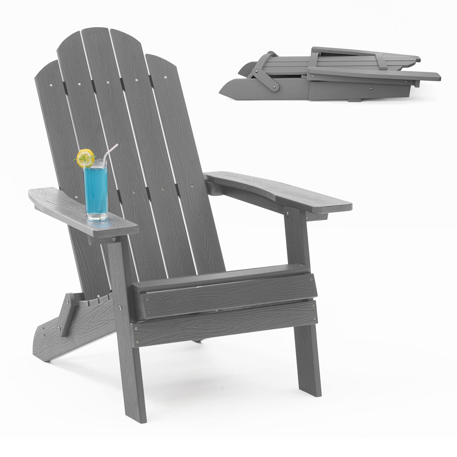 MXIMU Folding Adirondack Chair - Durable Plastic Outdoor Lounge Chair for Lawn, Backyard, Deck, Garden & Camping - Fire Pit Seating - Weather-Resistant Grey Patio Furniture (Perfect for Relaxing by the Poolside or Around the Fire Pit)