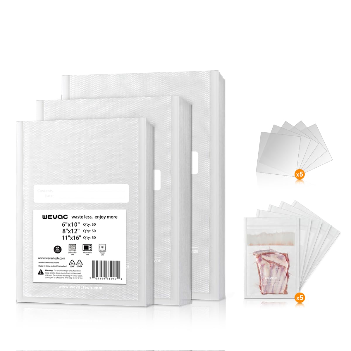 Premium Vacuum Sealer Bags 6x10, 8x12 & 11x16 Inches - 150 Count Heavy Duty Food Storage Bags with 5 Liquid Block Bags & 5 Bone Guards - Ideal for Sous Vide, Meal Prep, Freezer Storage & Long-Term Food Preservation - Wevac Brand