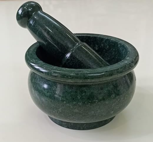 Jaipur Art Exports Large 5-Inch Natural Stone Mortar and Pestle Set - Traditional Spice Grinder, Herb Crusher & Okhli Masher for Kitchen - Perfect for Grinding Spices, Herbs, Garlic & Making Pastes (Green Rich Polish)