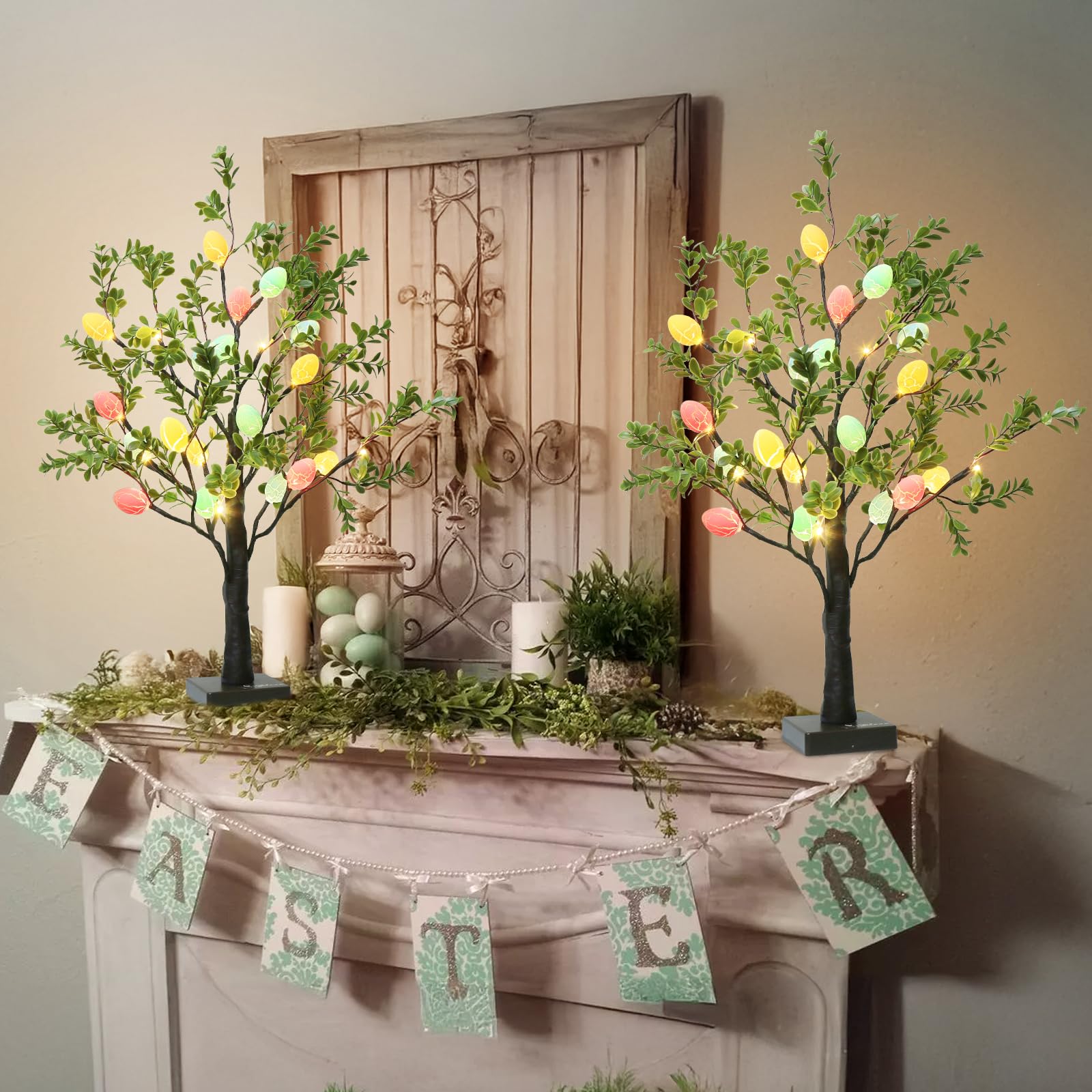 EAMBRITE 2Ft LED Lighted Easter Tree with 24 Hanging Eggs - Battery/USB Powered Artificial Tabletop Tree for Spring Home Decor - Perfect for Easter Celebrations, Party Centerpieces & Seasonal Table Displays (2 Pack)