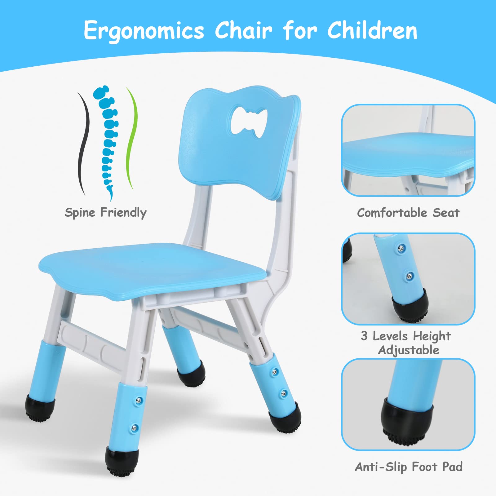 Arlopu Adjustable Height Kids Table and 4 Chairs Set - Non-Slip Toddler Activity Table with Graffiti-Proof Surface - Blue Children's Furniture for Reading, Drawing, Daycare & Home Classroom Use