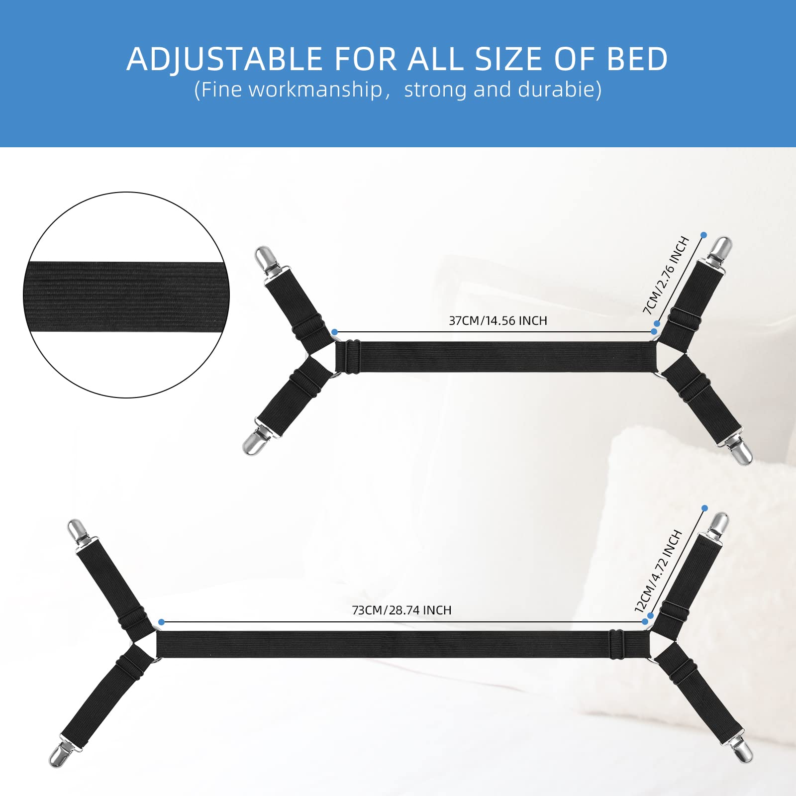Premium Adjustable Bed Sheet Holder Straps - Strong Elastic Sheet Clips for All Mattress Sizes (Twin, Queen, King) - Keep Sheets Tight & Secure - Perfect for Home, Hotel, Dorm, RV Use