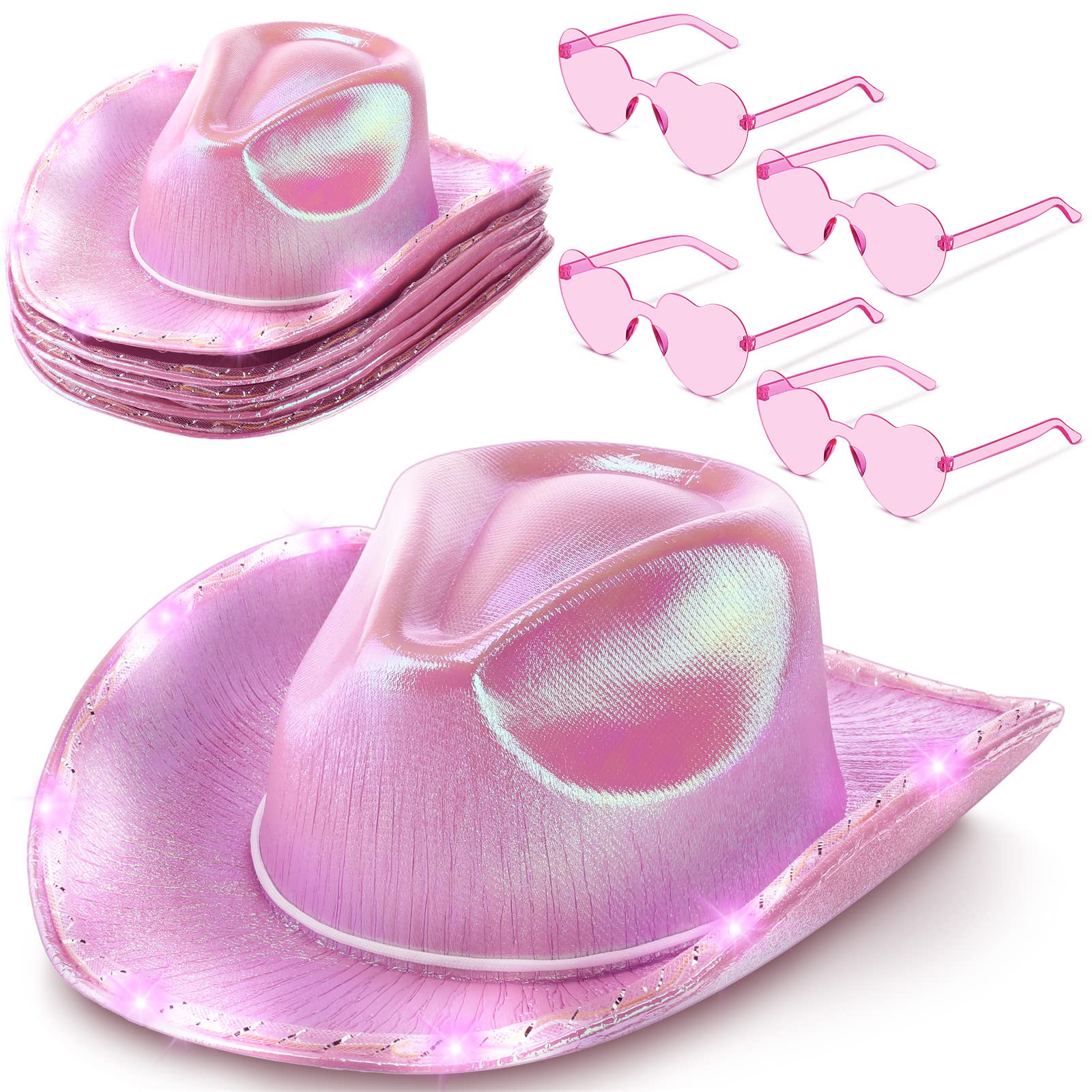 8-Piece Cowgirl Hat Set with LED Lights & Heart Sunglasses - Sparkly Cowboy Hat for Women & Girls - Perfect for Halloween Costume, Party, Rodeo & Western Theme Events