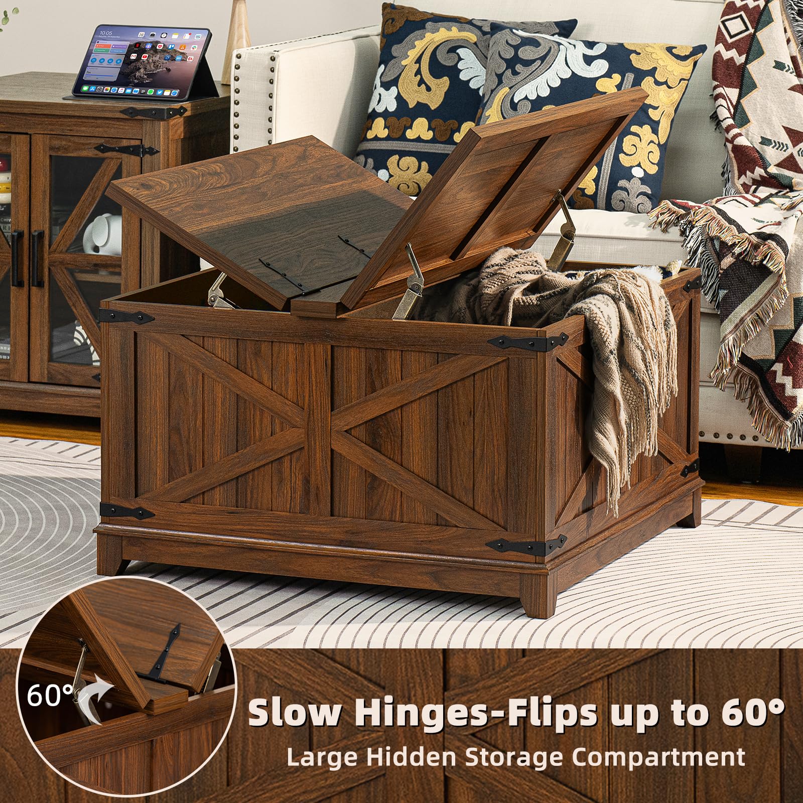 Rustic Farmhouse Coffee Table Set of 3 with USB Charging Station & Hidden Storage - Country Style Living Room Center Table & Nightstand 3-Piece Furniture Set for Home, Office - Perfect for Family Gatherings, Movie Nights & Remote Work