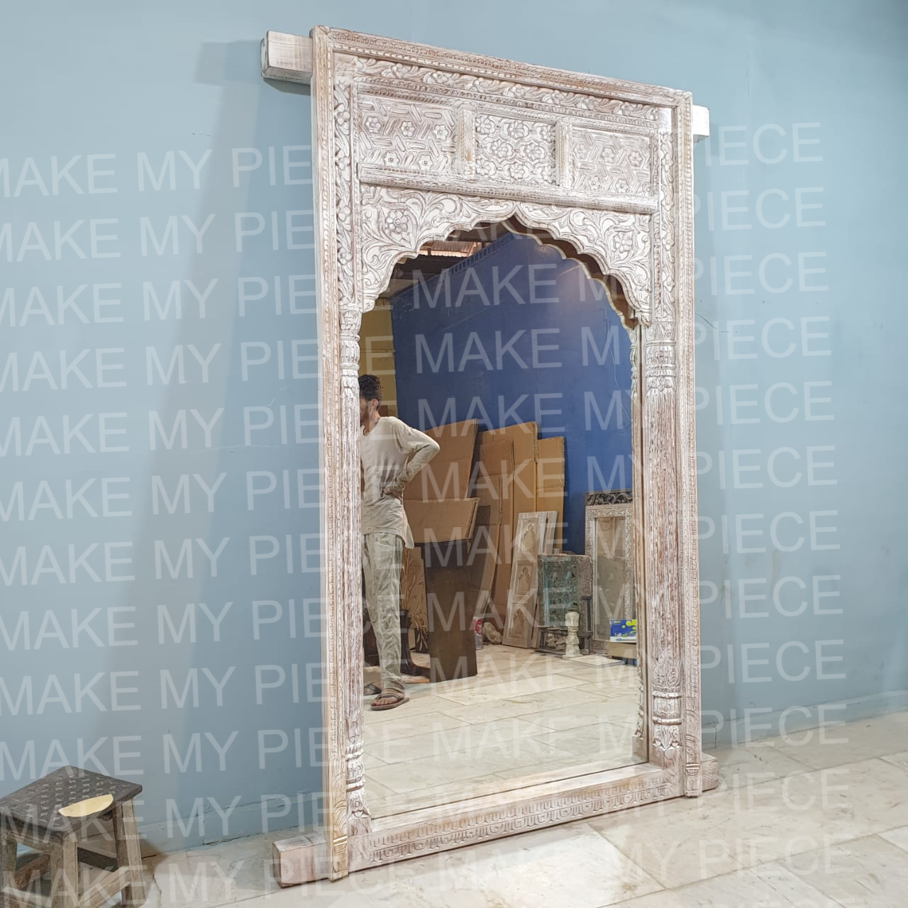 Hand Carved Indian Arch Mirror Frame with Bleach Finish - Deborah - Elegant Home Decor for Living Room, Bedroom, or Entryway