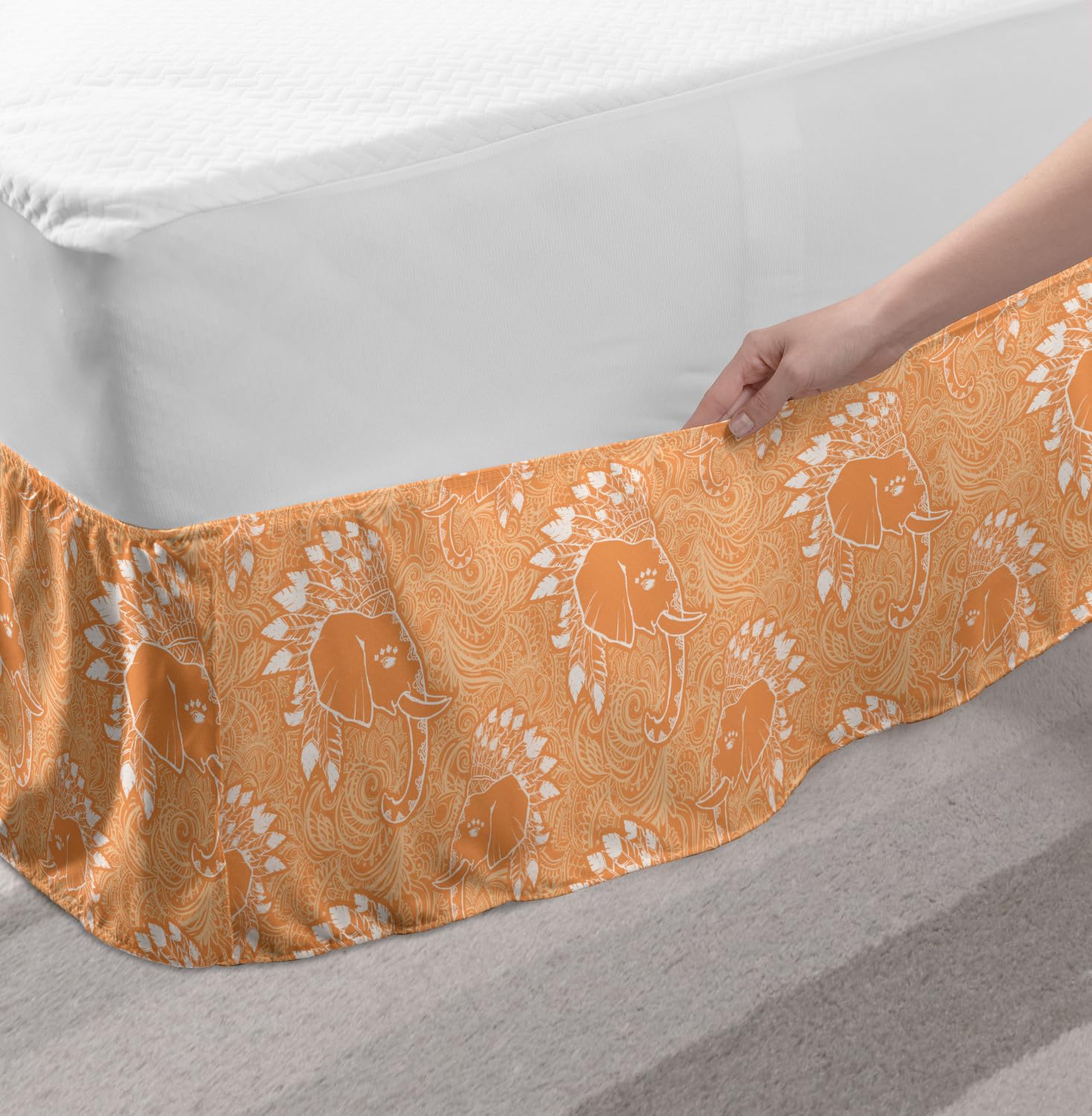Ambesonne Boho Elastic Bed Skirt - King Size Pale Orange & White Wrap Around Dust Ruffle with Elephant Hat Feather Design | Perfect for Bohemian Bedroom Decor & Guest Room Styling