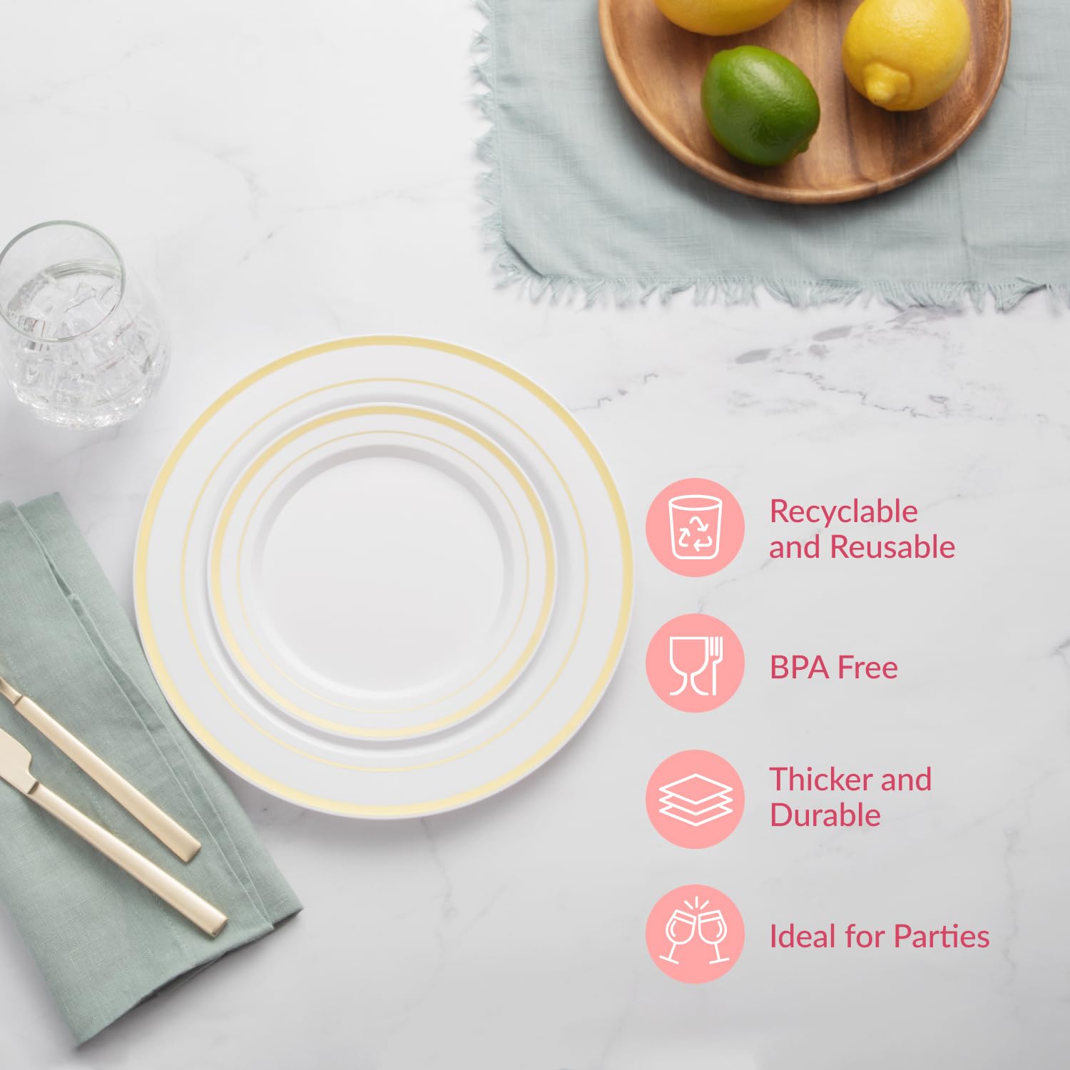 Prestee 200-Piece Gold Disposable Plates Set - 100 Dinner Plates & 100 Salad Plates, White with Gold Rim - Heavy Duty Plastic Party Plates for Wedding, Holiday, Birthday, Appetizer & Dessert - Perfect for Elegant Events, Catering & Home Entertaining