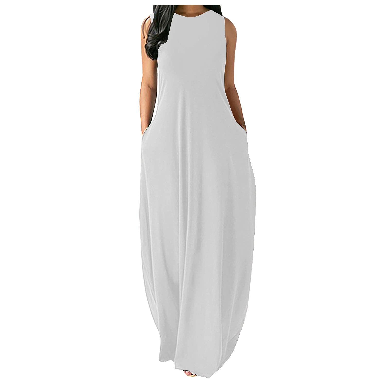 Kaideny Women's Solid V-Neck Sleeveless Long Maxi Dress - Plus Size Summer Casual Dress with Pockets | Perfect for Beach Vacations, Date Nights & Outdoor Events