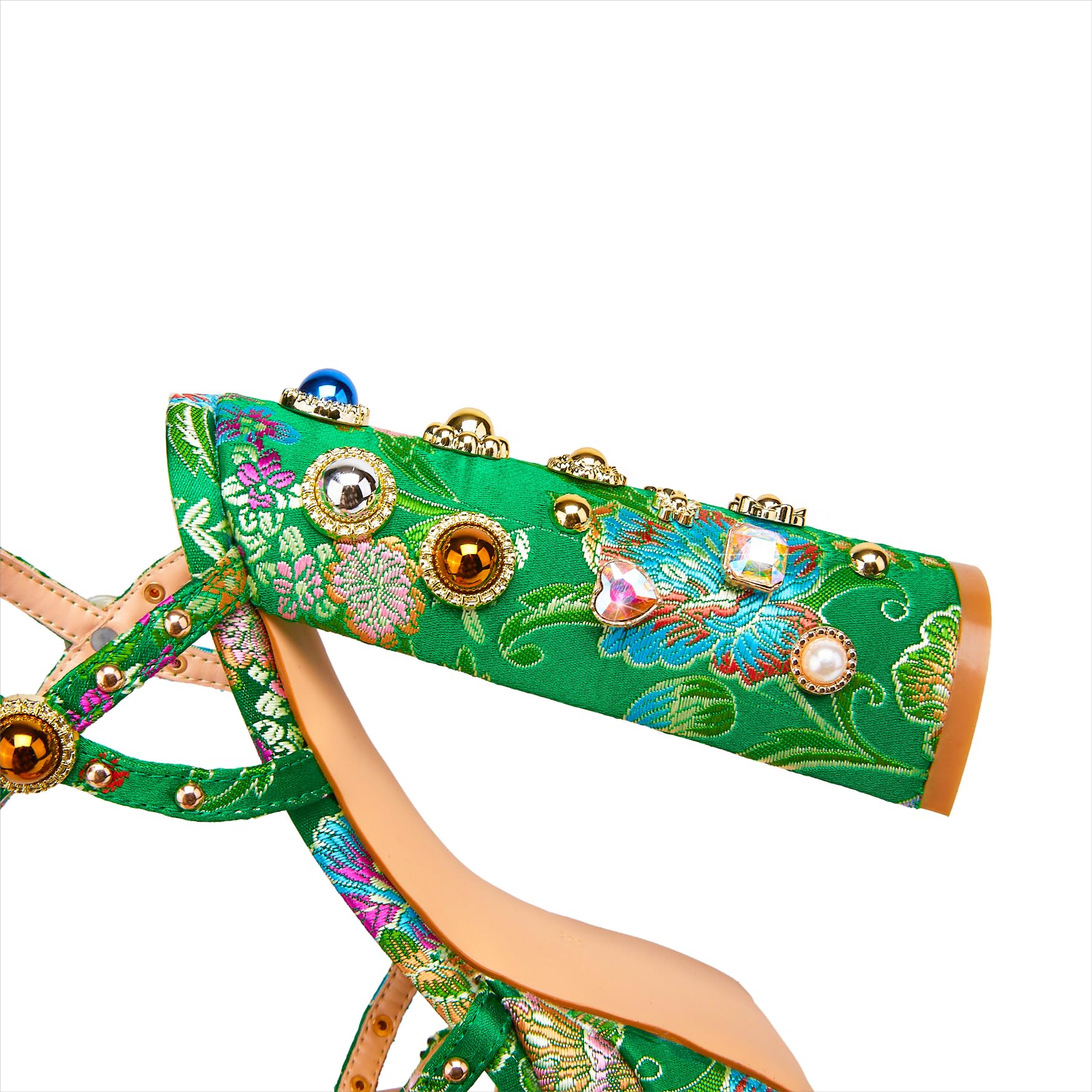 Feinlina Women's Rhinestone High Heel Sandals - Chunky Platform Open Toe Block Heels with Gems Detail, Floral Print Embroidery & Ankle Strap - Green & Pink Dress Shoes for Wedding, Party, Prom, Evening Events and Special Occasions