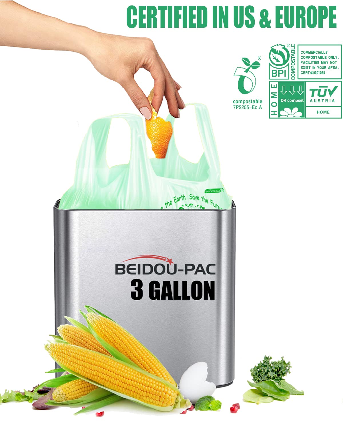 100% Compostable Trash Bags 3 Gallon - Eco-Friendly Small Kitchen Garbage Bags with Handles (100 Count) | ASTM D6400 & US BPI Certified Biodegradable Waste Bags for Food Scraps, Composting & Sustainable Living